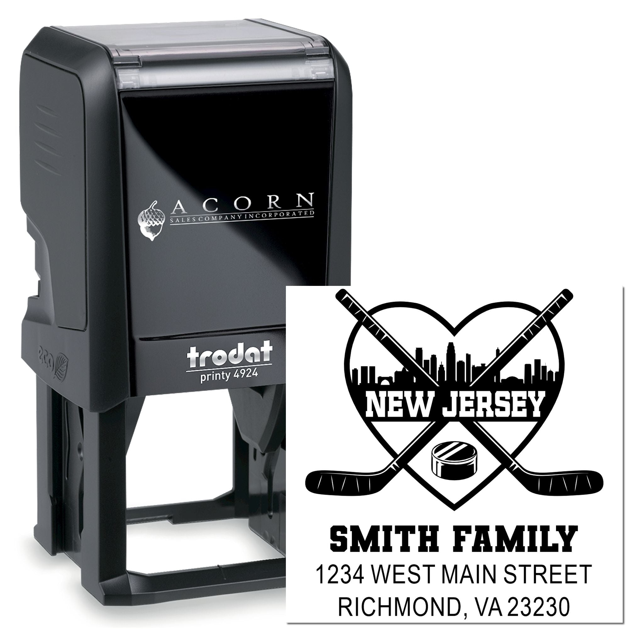 Trodat self-inking custom rubber stamp with hockey family address design for personalized return mail and sports fan gifts.