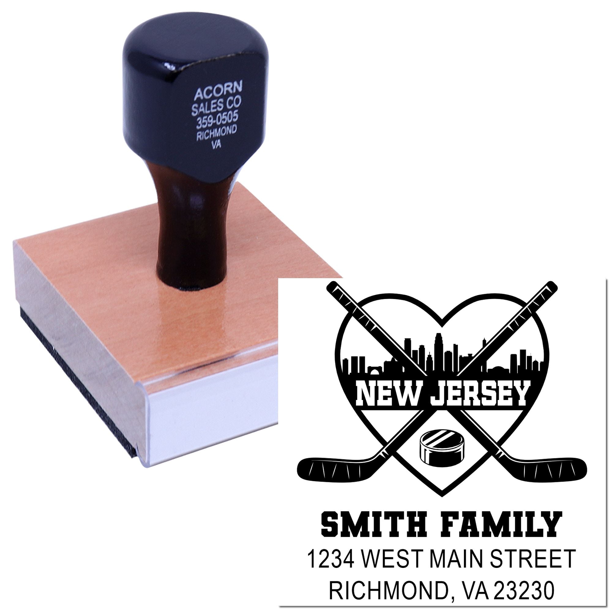 Custom rubber stamp with New Jersey hockey family logo and return address for personalized address stamping