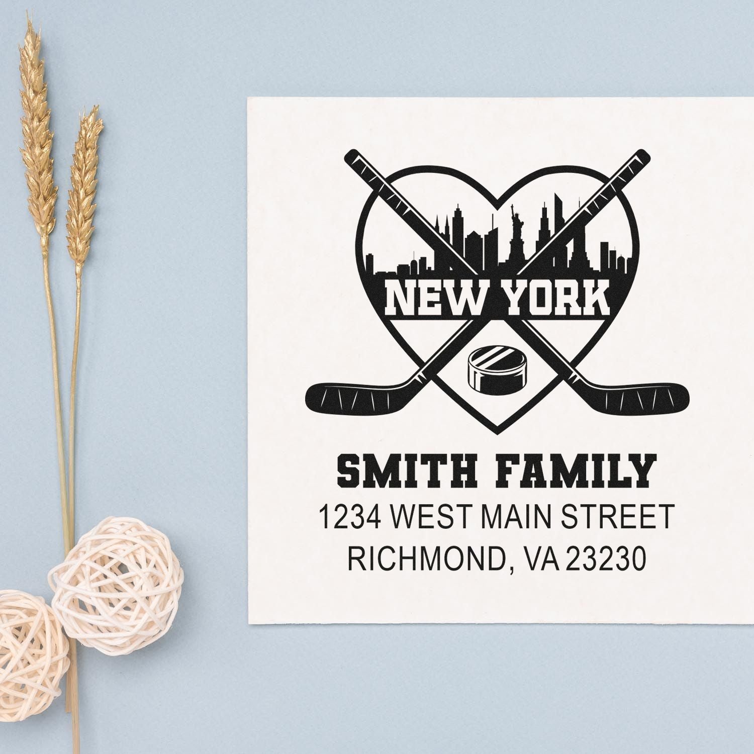 Custom hockey rubber stamp with New York skyline, Smith Family name, and address for personalized return address use.