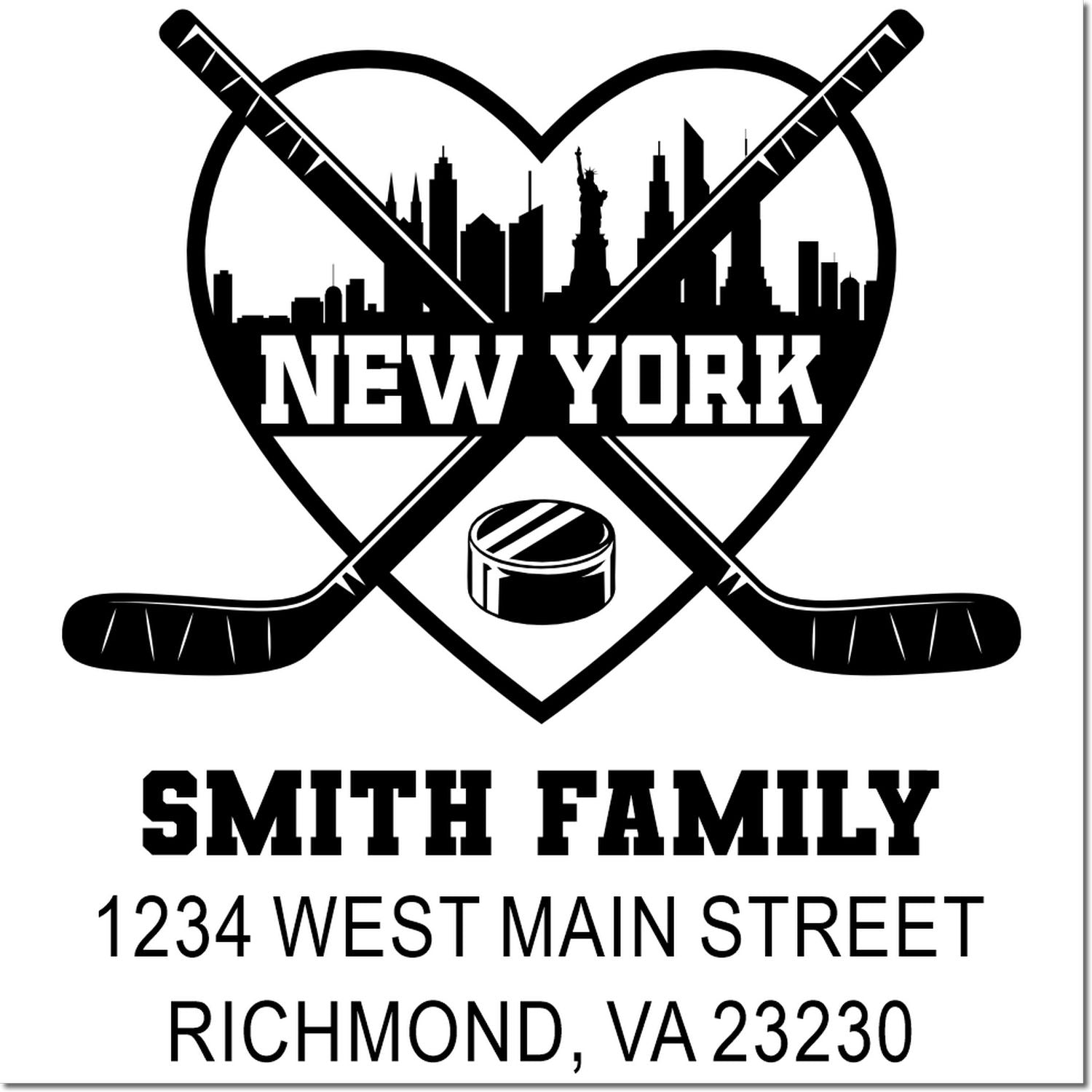 Custom hockey family return address rubber stamp with New York skyline, Smith Family, Richmond, VA 23230.