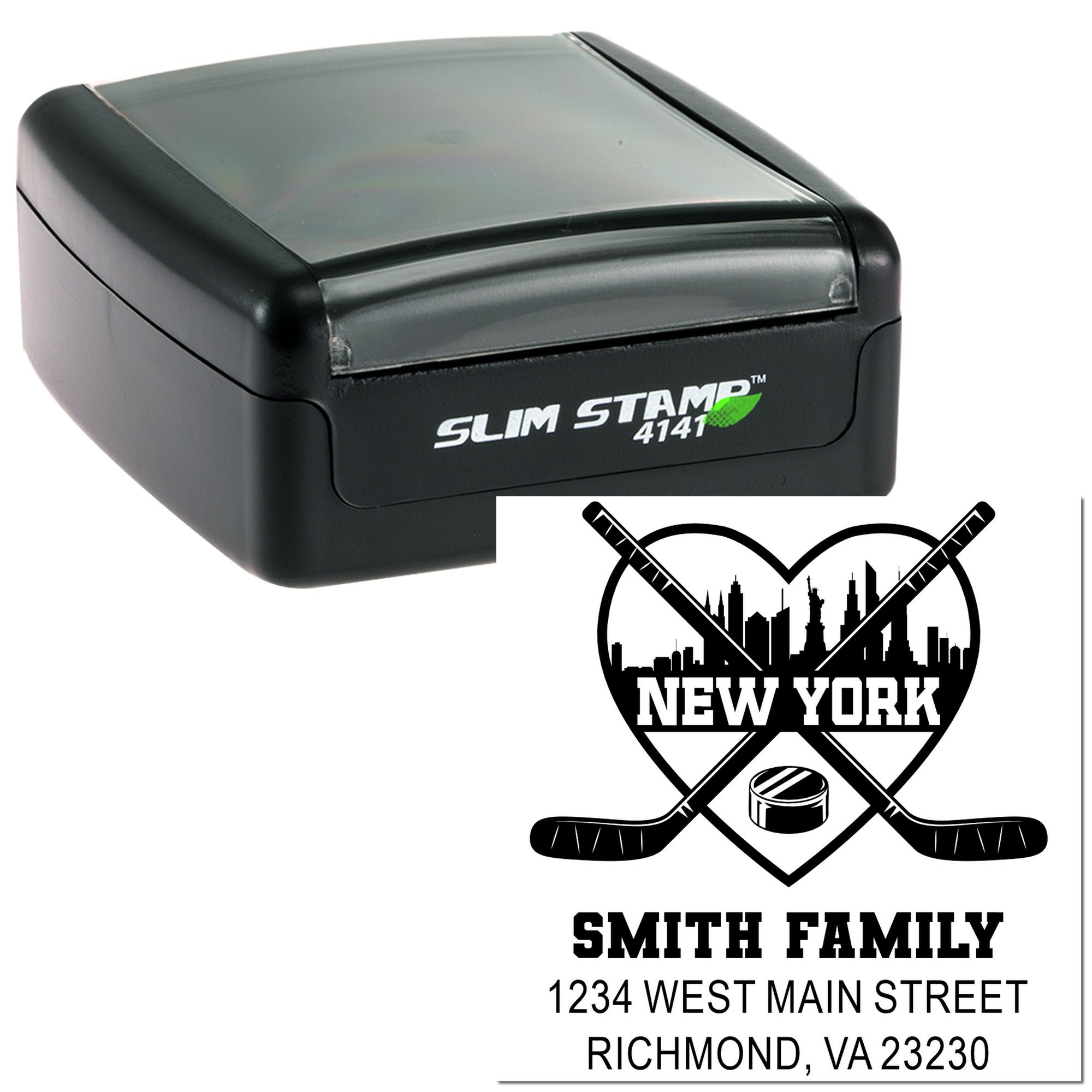 Custom rubber address stamp with New York hockey design, Smith Family name, and Richmond, VA return address.
