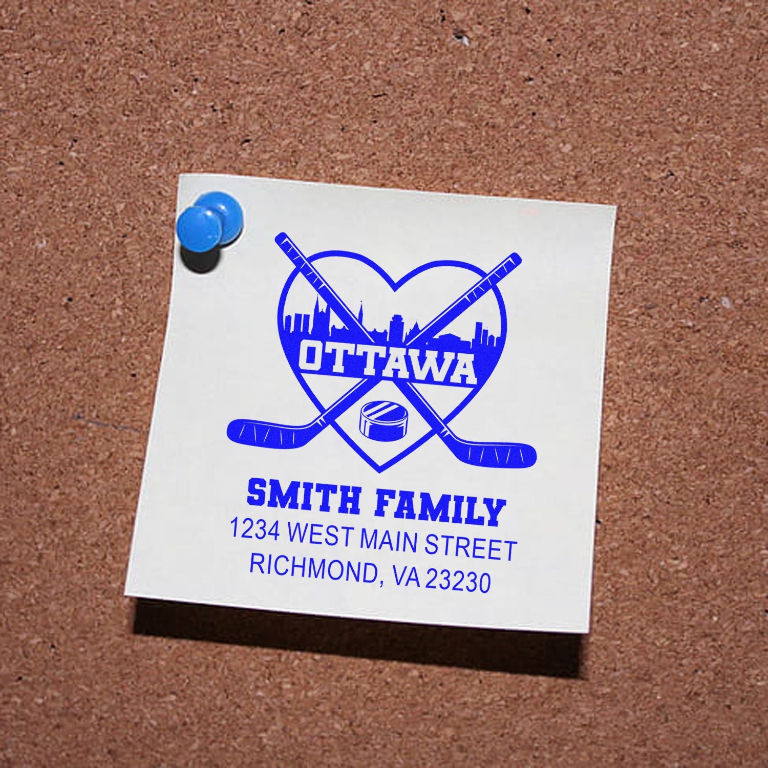 Custom hockey family address rubber stamp with Ottawa skyline, crossed sticks, and Smith Family return address.