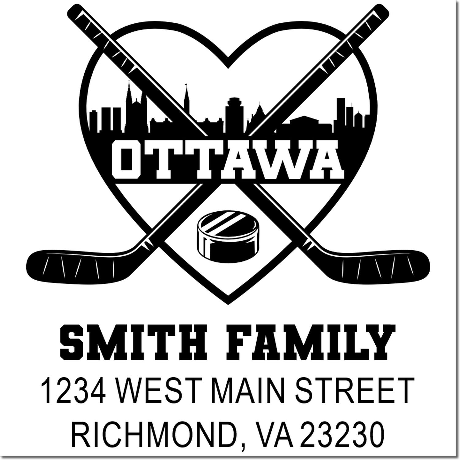 Custom Ottawa hockey family rubber stamp design with crossed sticks, skyline, puck, and personalized Smith Family address.