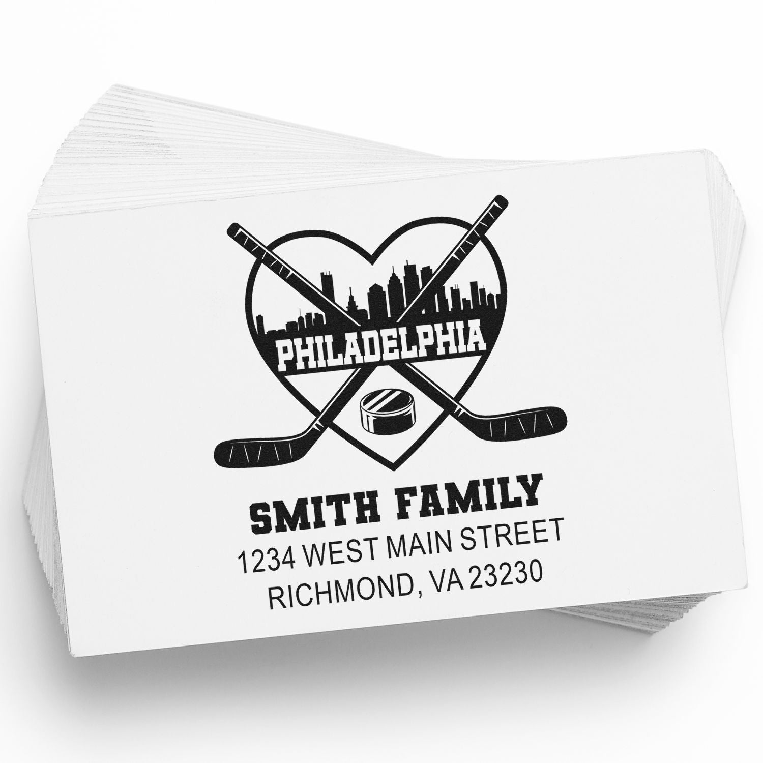 Personalized hockey rubber stamp with Philadelphia skyline, crossed sticks, and family name for custom address labeling.