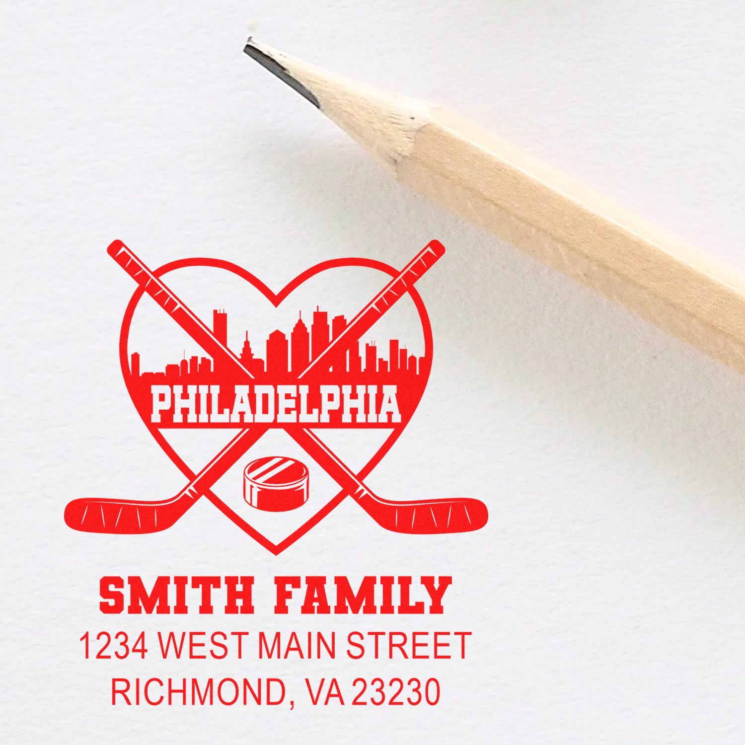 Custom rubber stamp design featuring Philadelphia hockey logo, Smith Family name, and Richmond, VA address for personalized use.