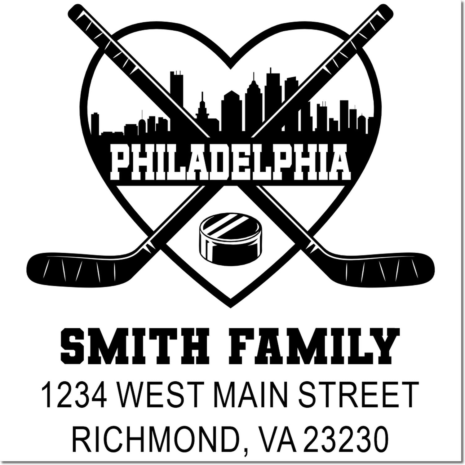 Custom hockey family return address rubber stamp with Philadelphia skyline, crossed sticks, puck, Smith family, Richmond VA address.
