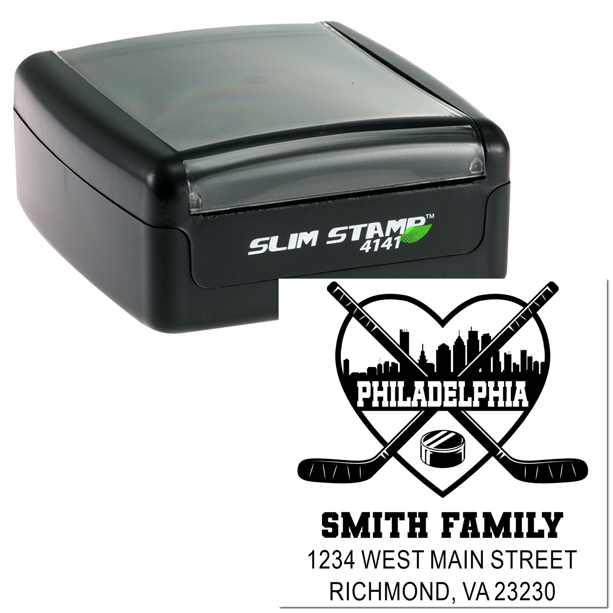 Custom self-inking rubber stamp with hockey logo, family name, and return address in a Slim Stamp 4141 case for personalized sports stationery.