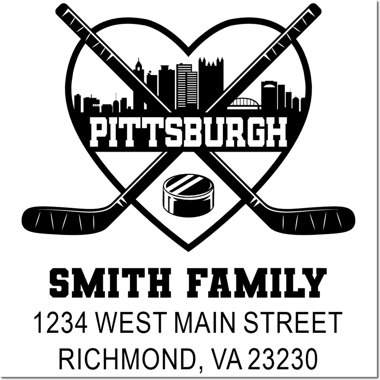 Custom Pittsburgh hockey family address stamp with skyline heart, Smith Family name, and return address.