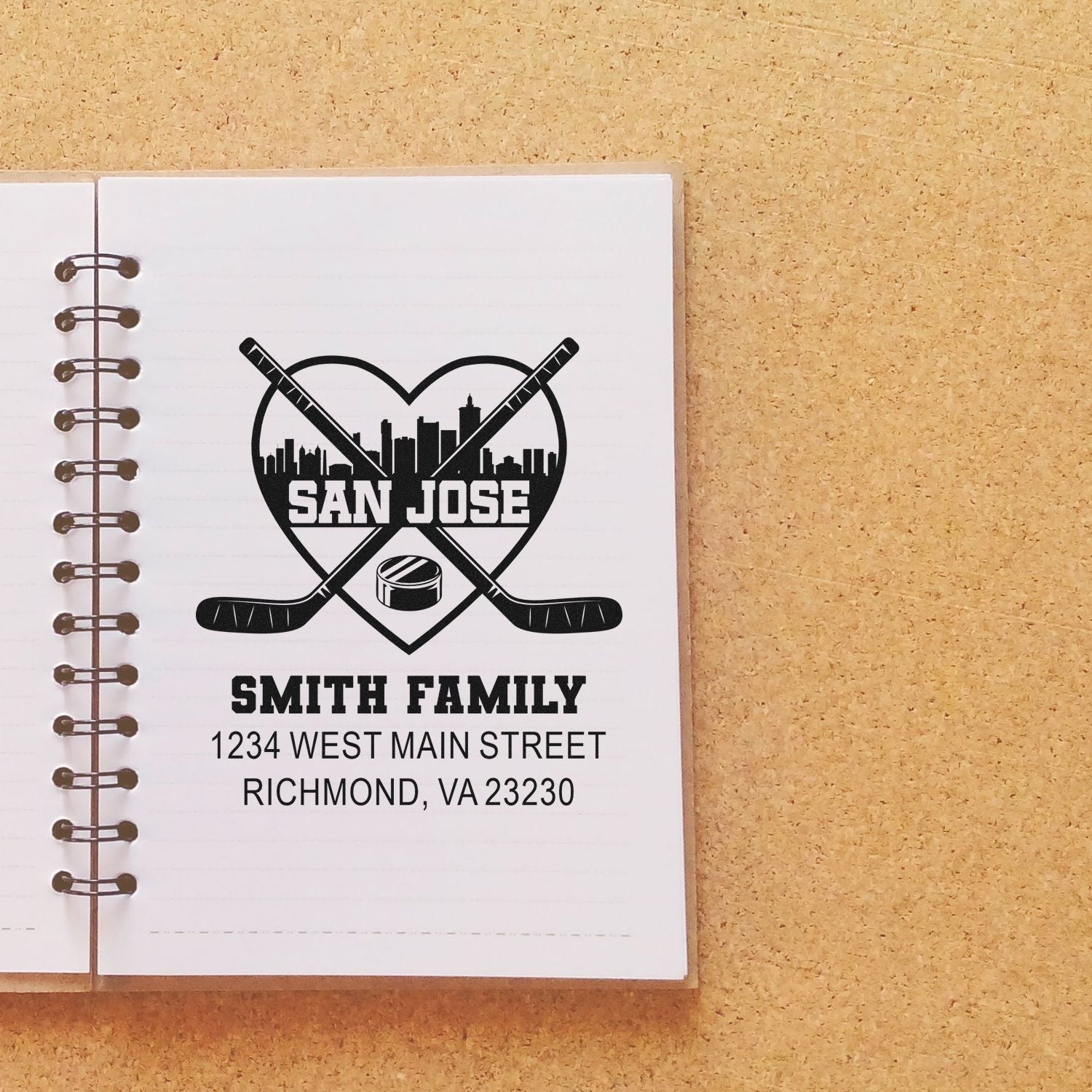 Custom hockey return address rubber stamp for the Smith family, featuring a San Jose design.