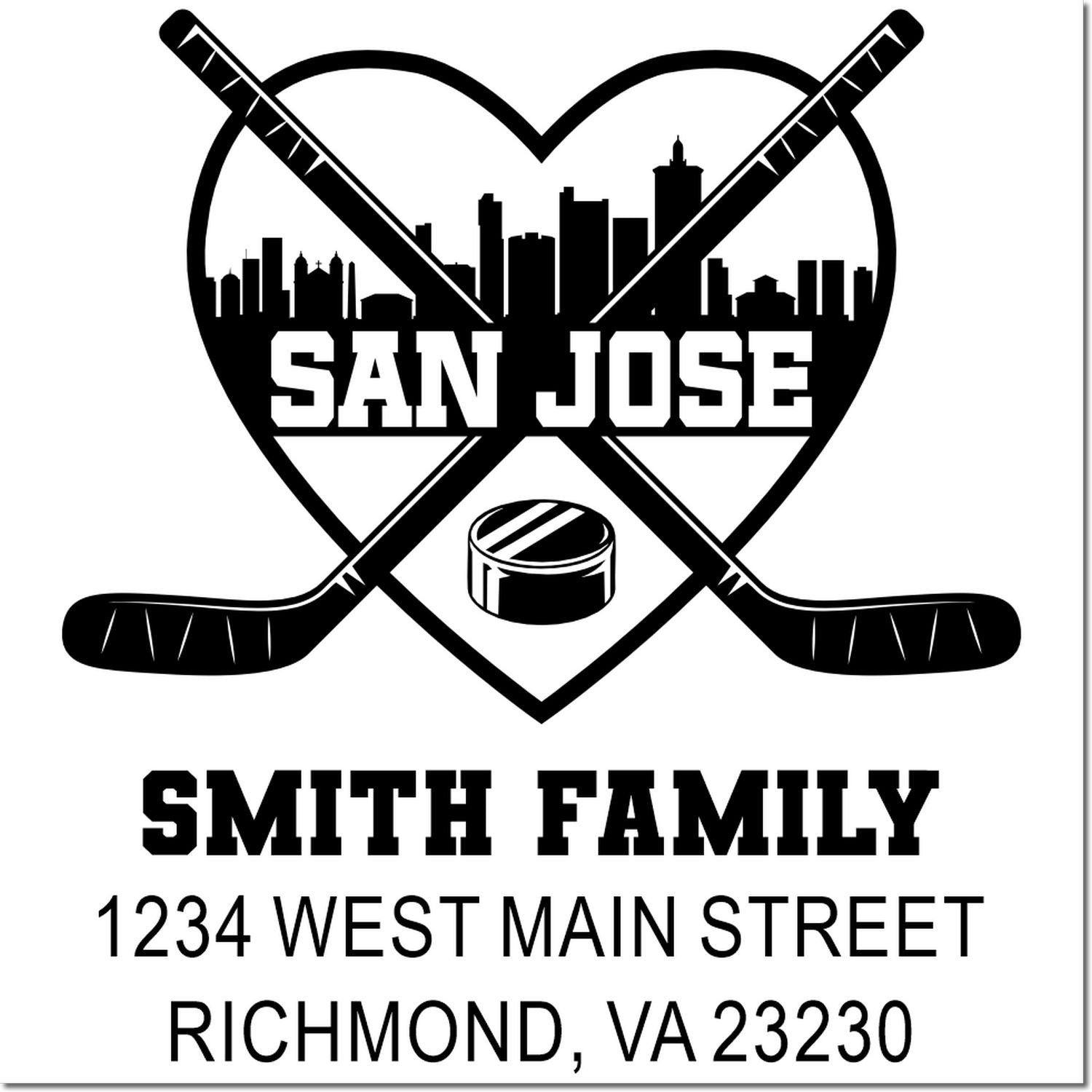 Personalized San Jose hockey family return address rubber stamp with crossed sticks, skyline, Smith Family, and address.