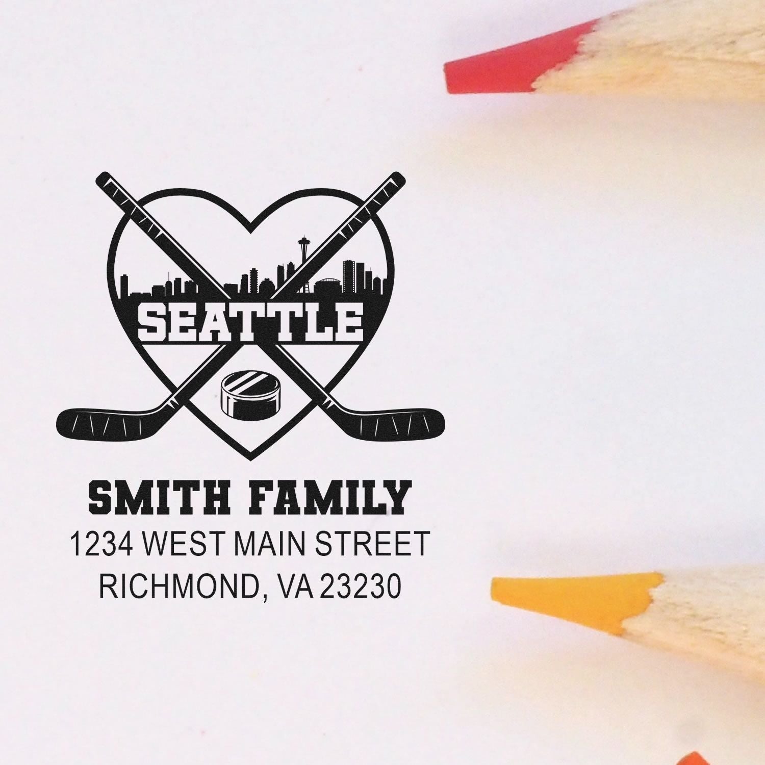 Custom Seattle hockey address rubber stamp for Smith Family, featuring skyline logo and Richmond, VA return address.