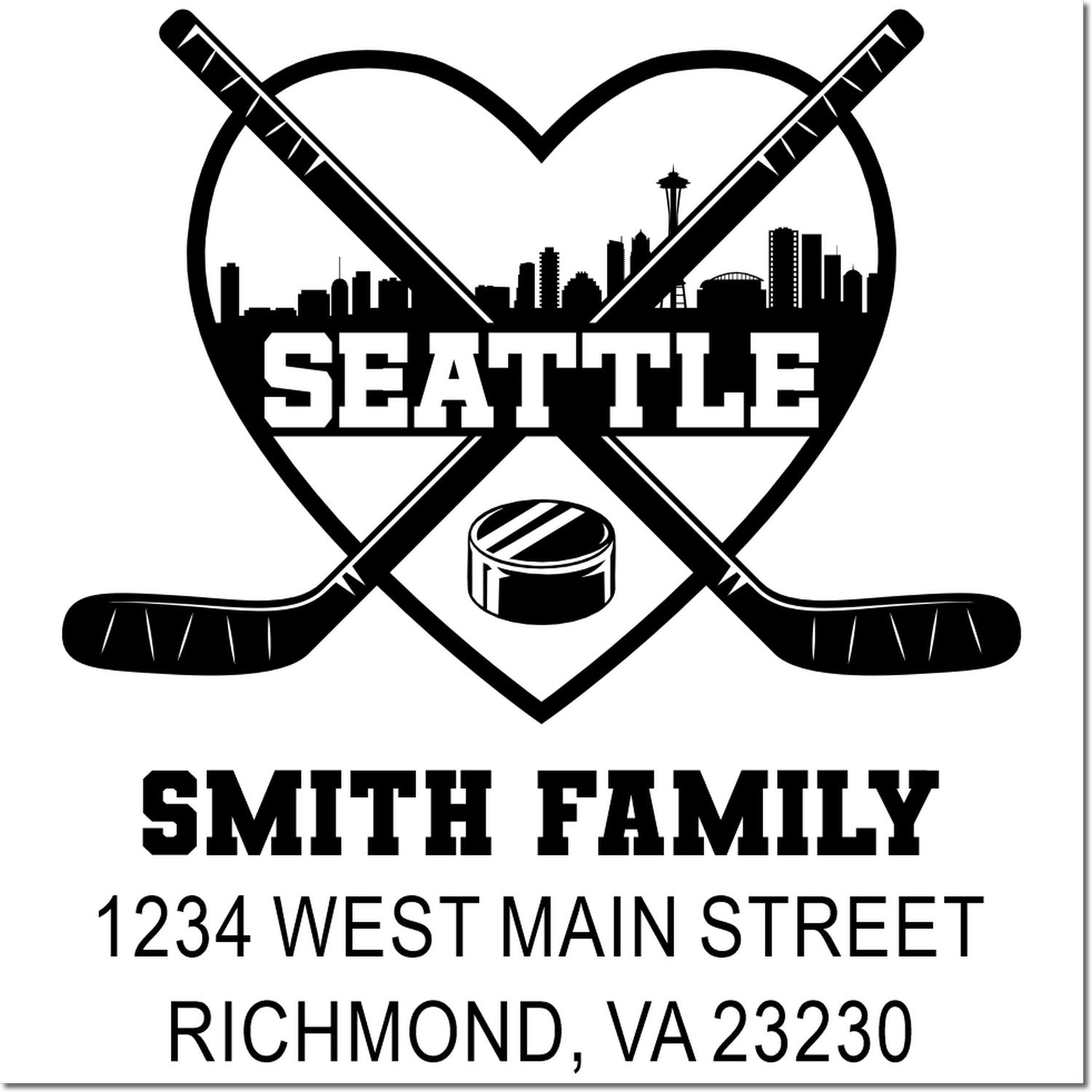 Custom Seattle hockey family return address rubber stamp with crossed sticks, skyline, puck, Smith family name and address.