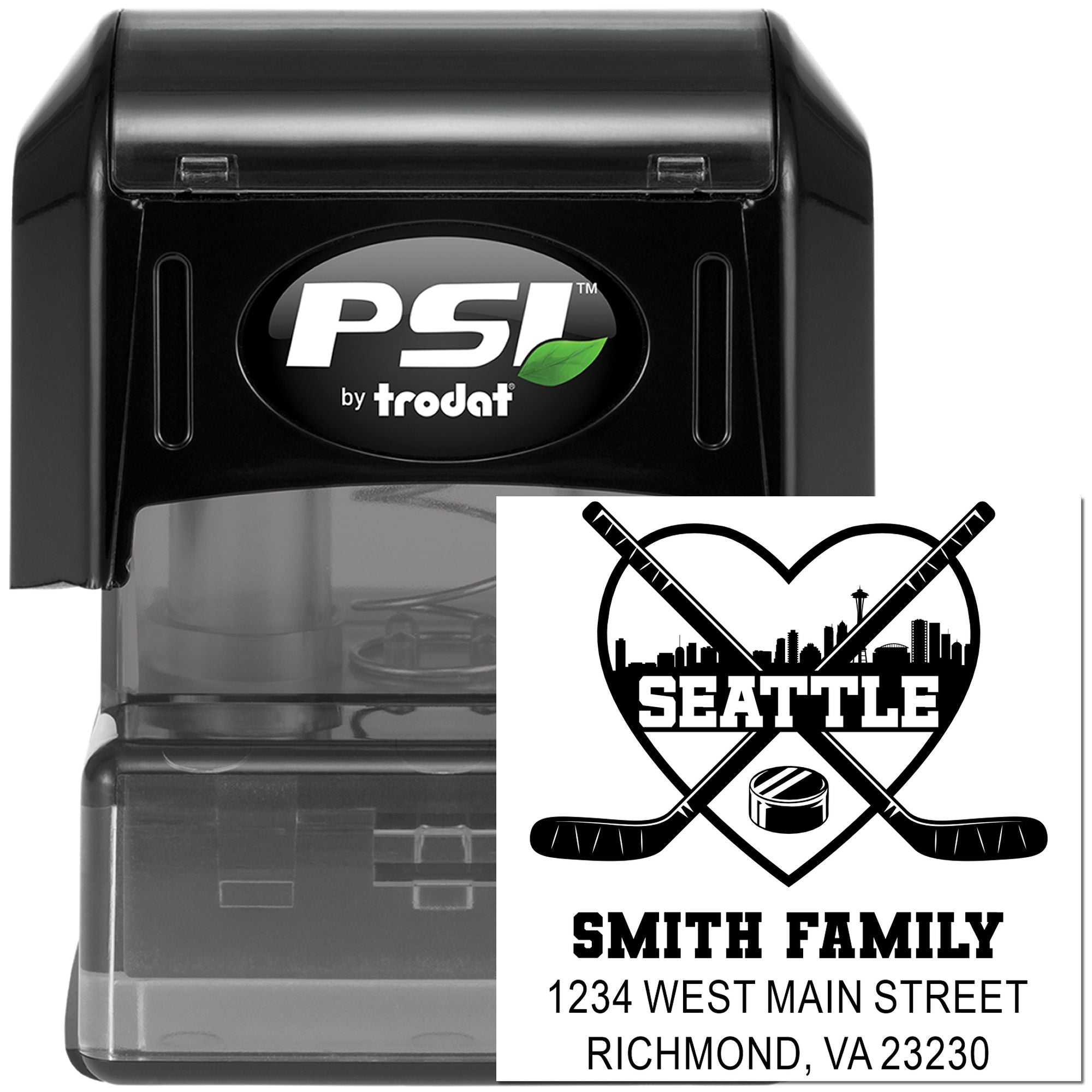 Custom self-inking rubber stamp by PSI Trodat with Seattle hockey logo, Smith Family name, and address.