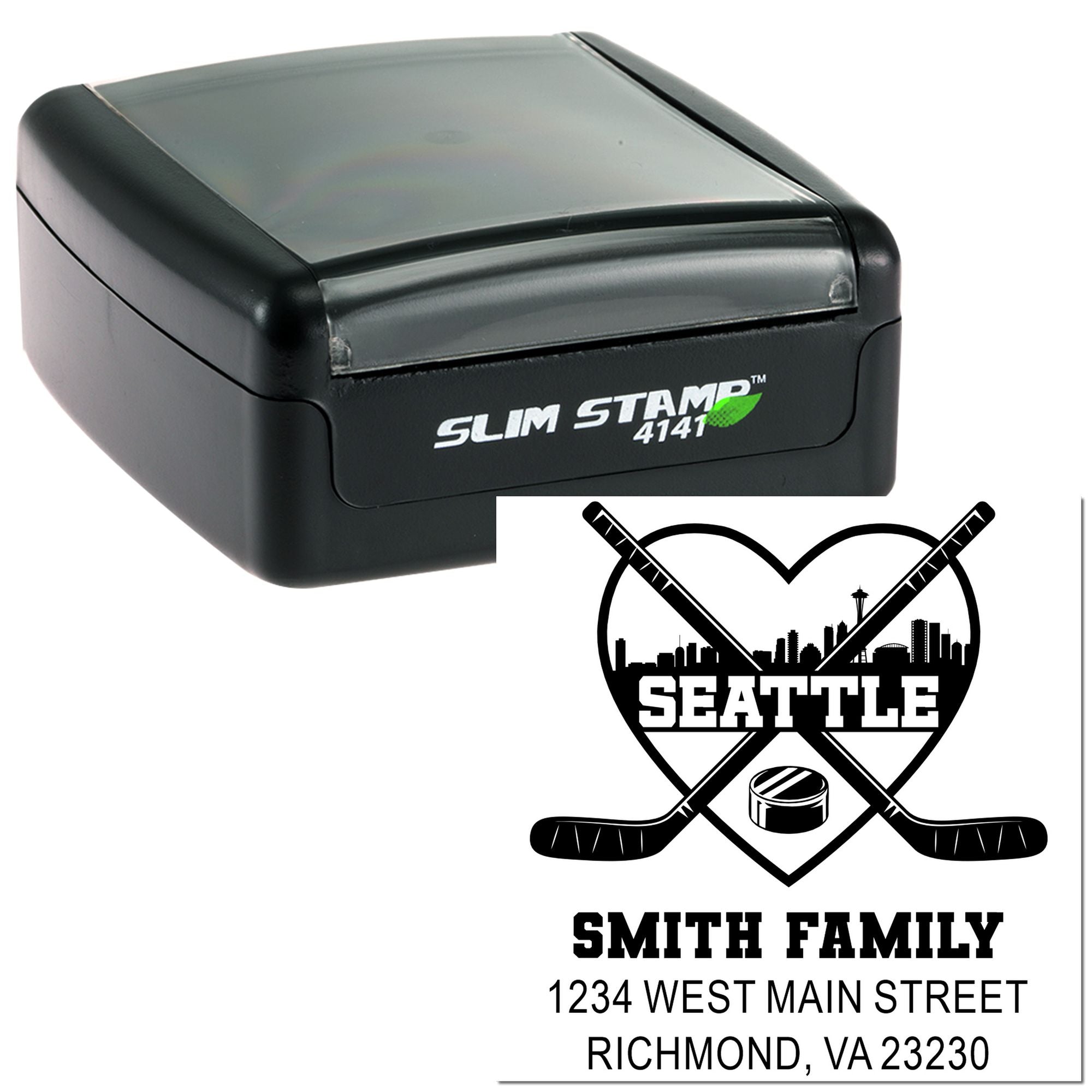 Custom Slim Stamp self-inking rubber stamp with Seattle hockey family address design for personalized mail.
