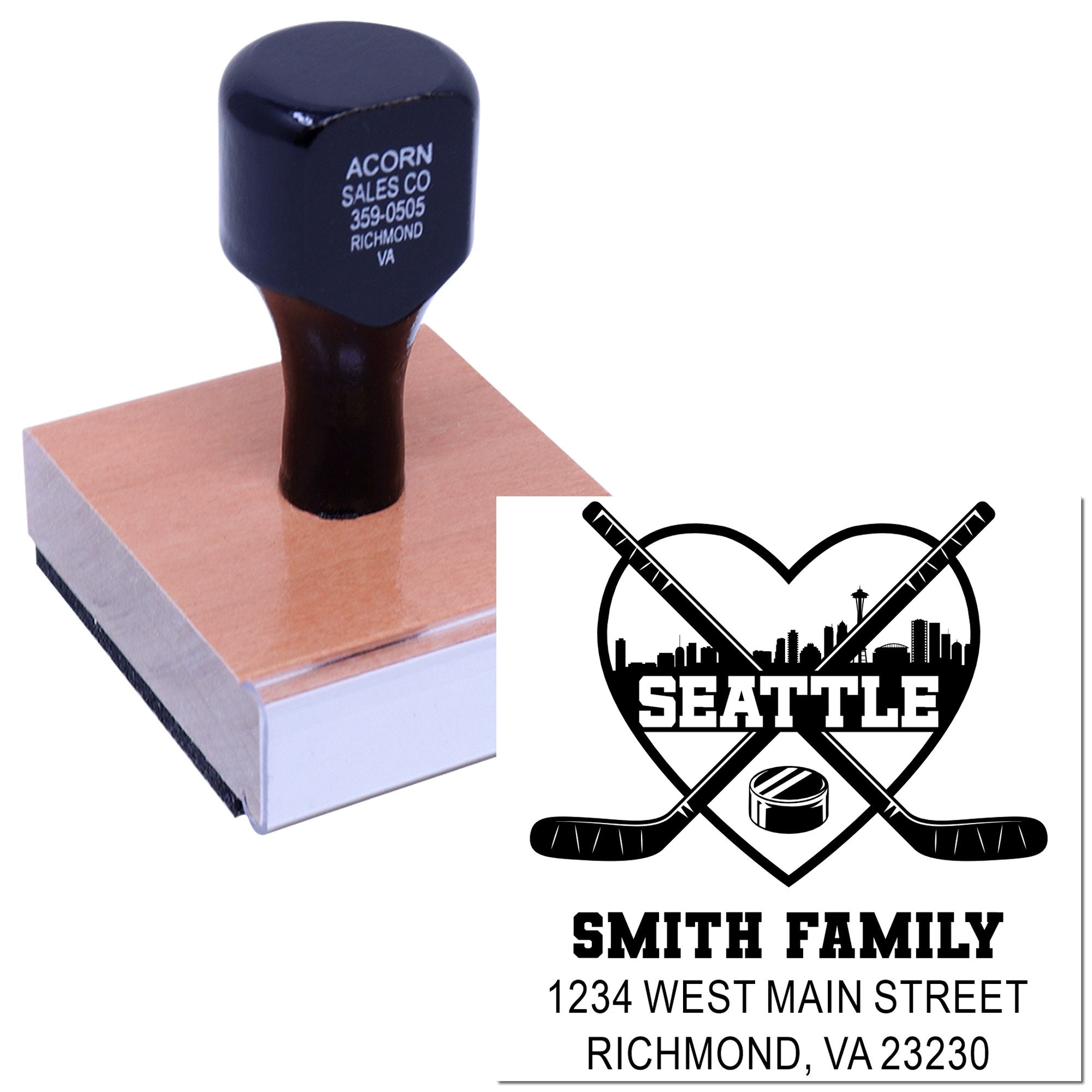 Custom rubber stamp with personalized hockey family address design, featuring Seattle logo and Smith family name on a wood-mounted stamp block.