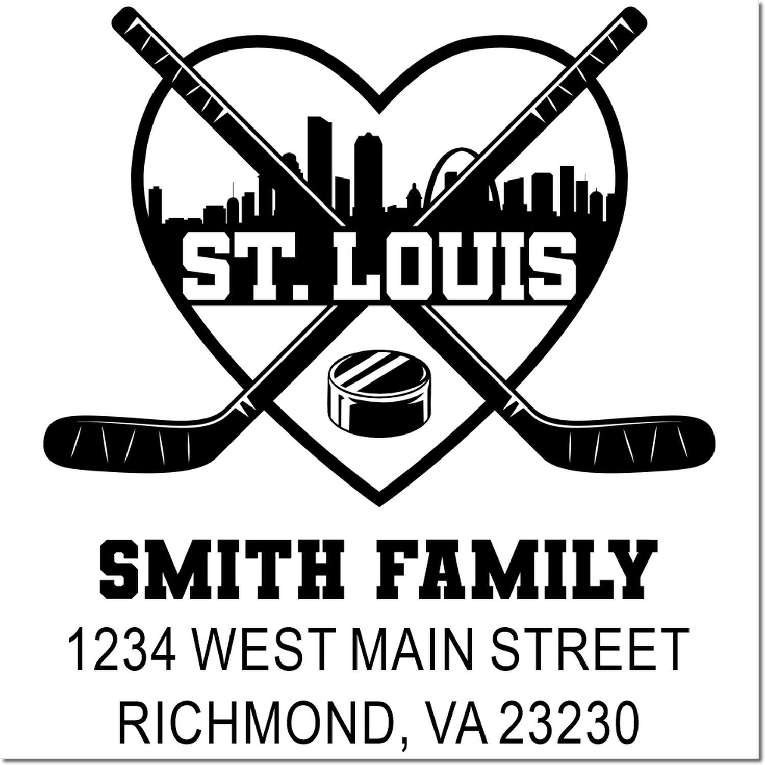 Custom St. Louis hockey return address rubber stamp with crossed sticks, skyline, Smith family name, and address.