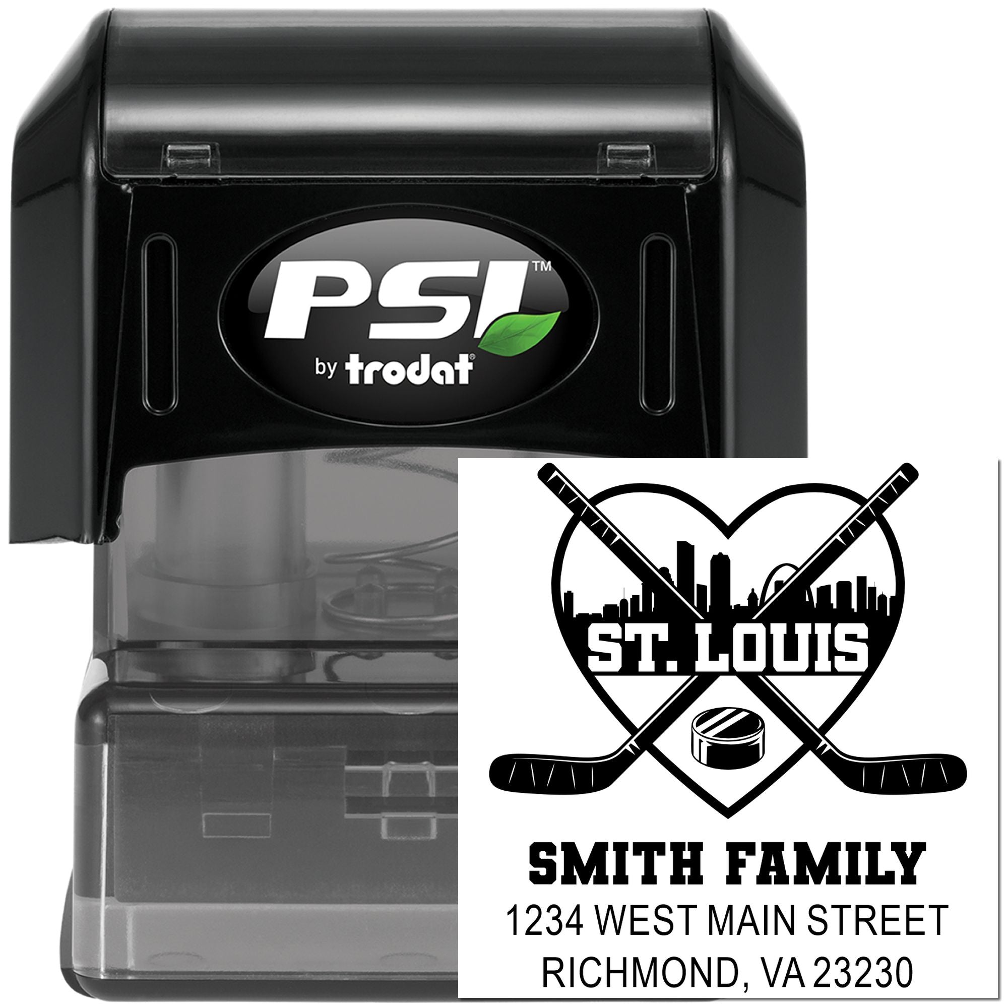 Personalized self-inking rubber stamp by PSI Trodat with hockey design and Smith family return address.