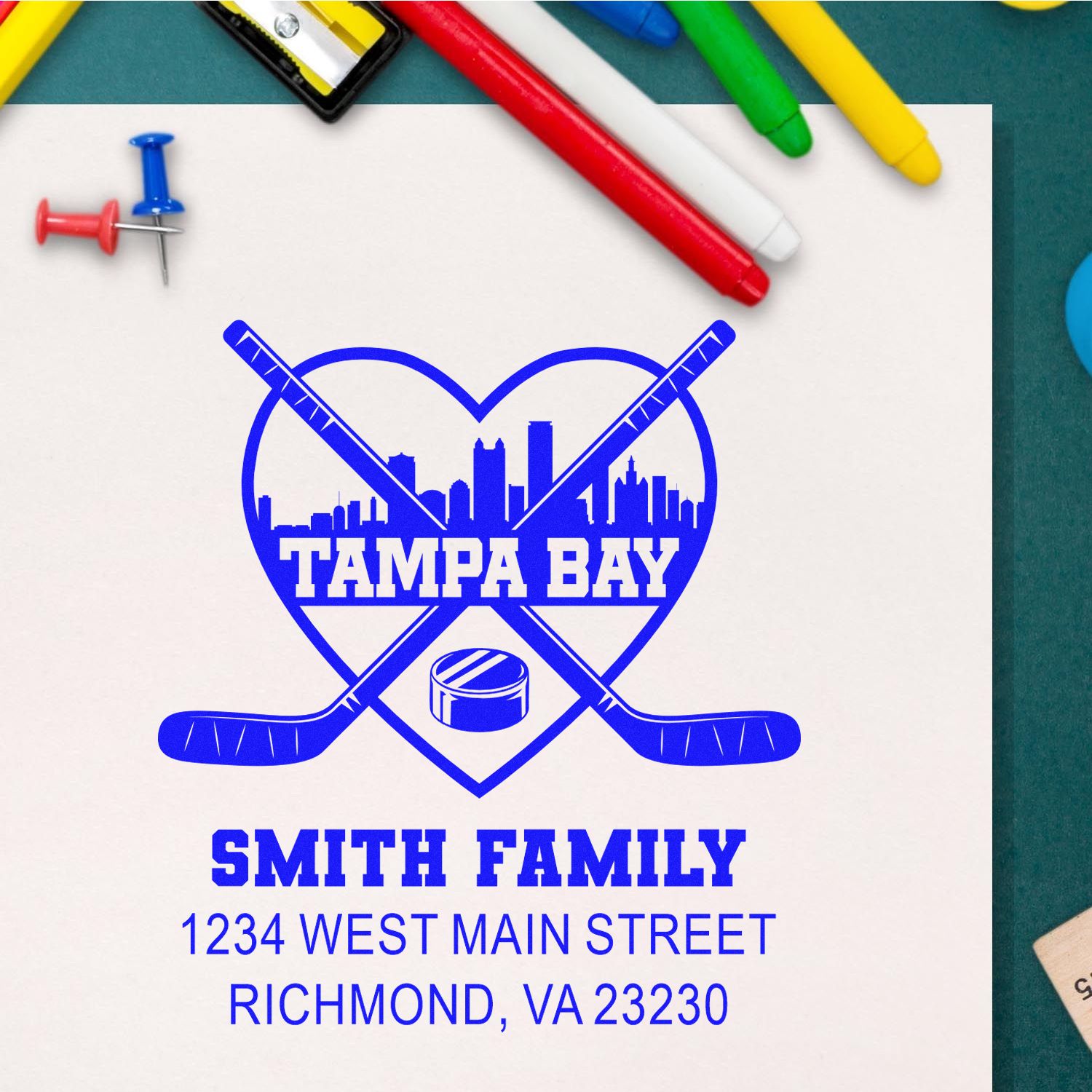 Custom Tampa Bay hockey return address rubber stamp with crossed sticks, skyline, and Smith family address.