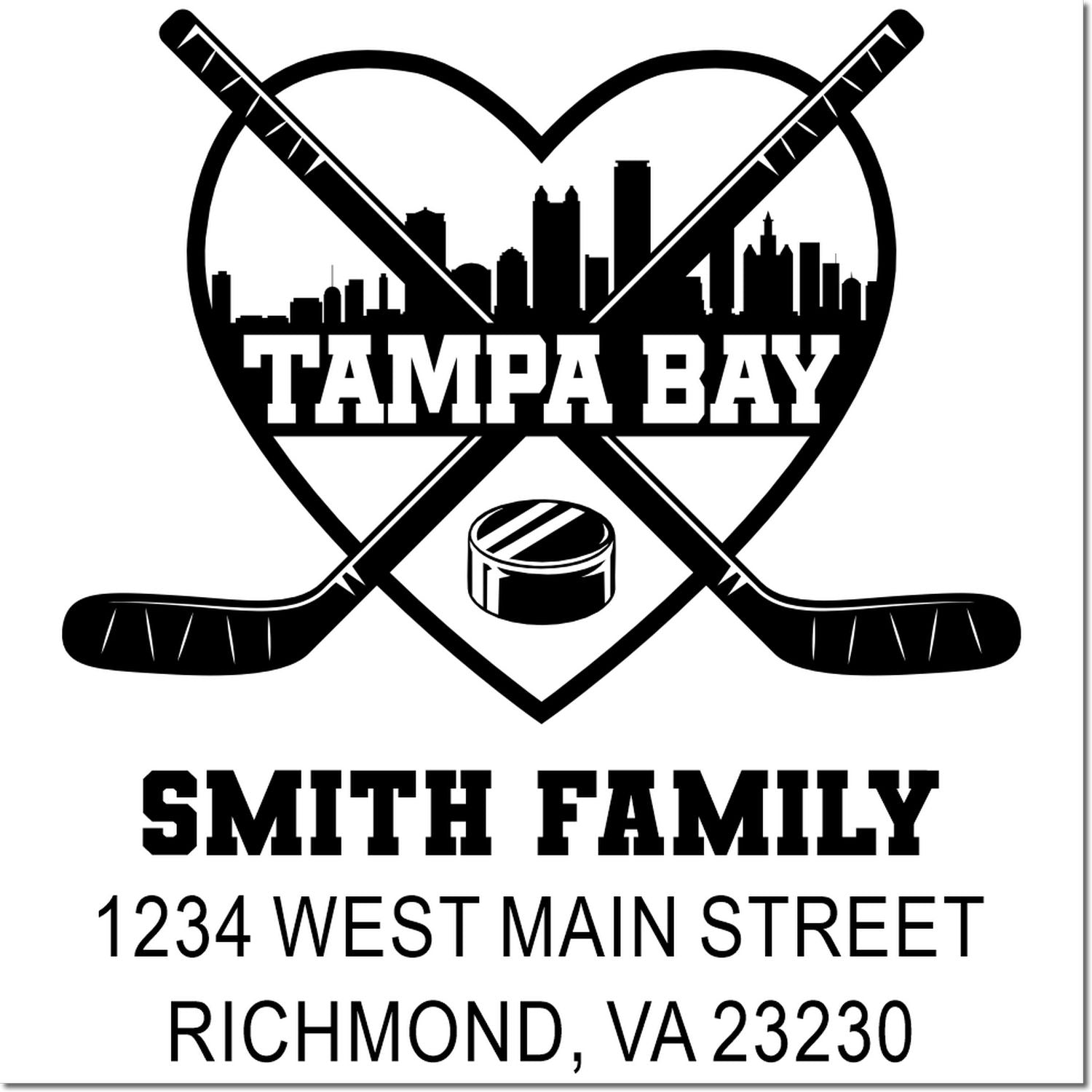 Custom Tampa Bay hockey return address rubber stamp with skyline, crossed sticks, puck, Smith Family name, and full mailing address.
