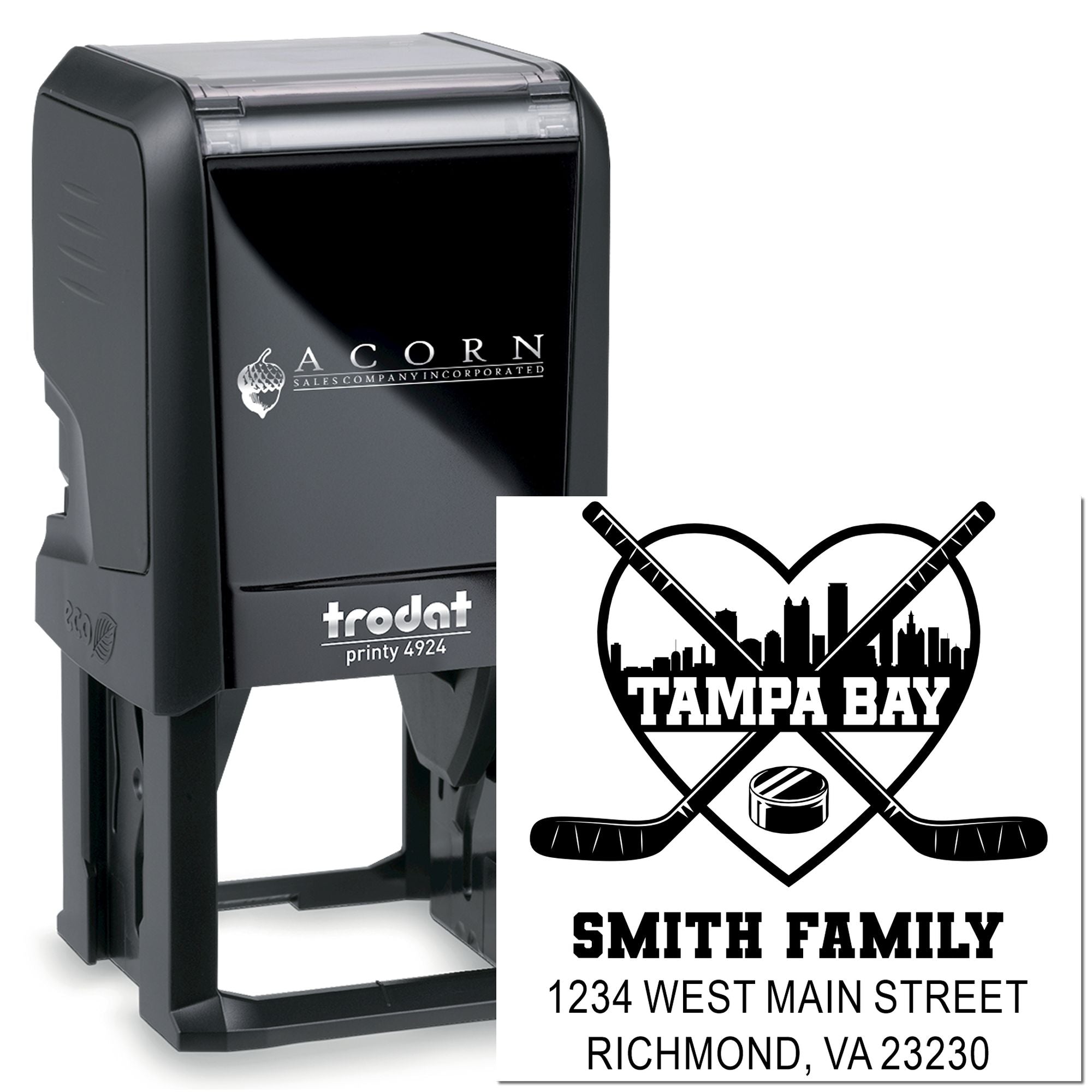 Custom hockey return address rubber stamp with family name, street address, and city for personalized mail.