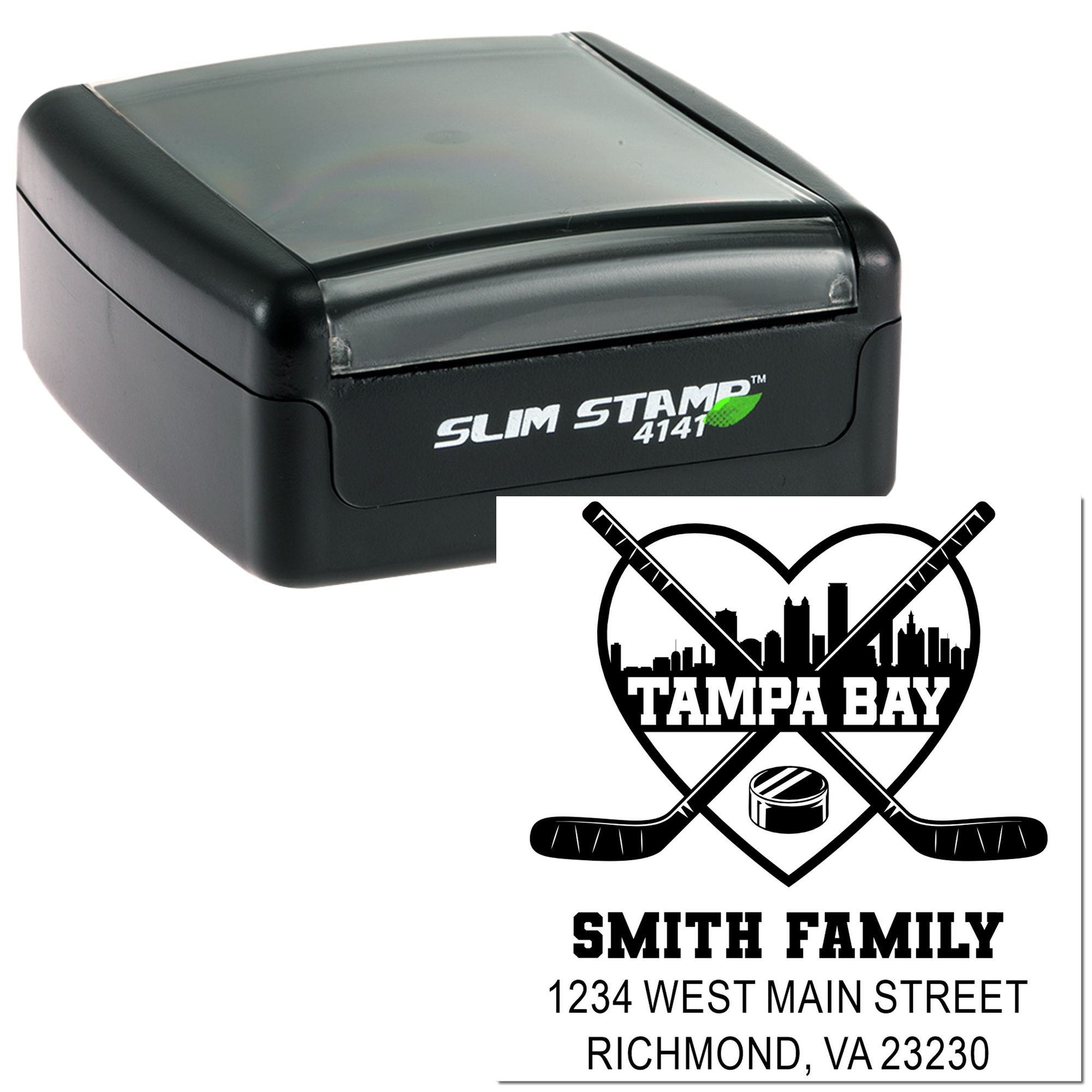 Custom self-inking rubber stamp with Tampa Bay hockey family return address design for envelopes.