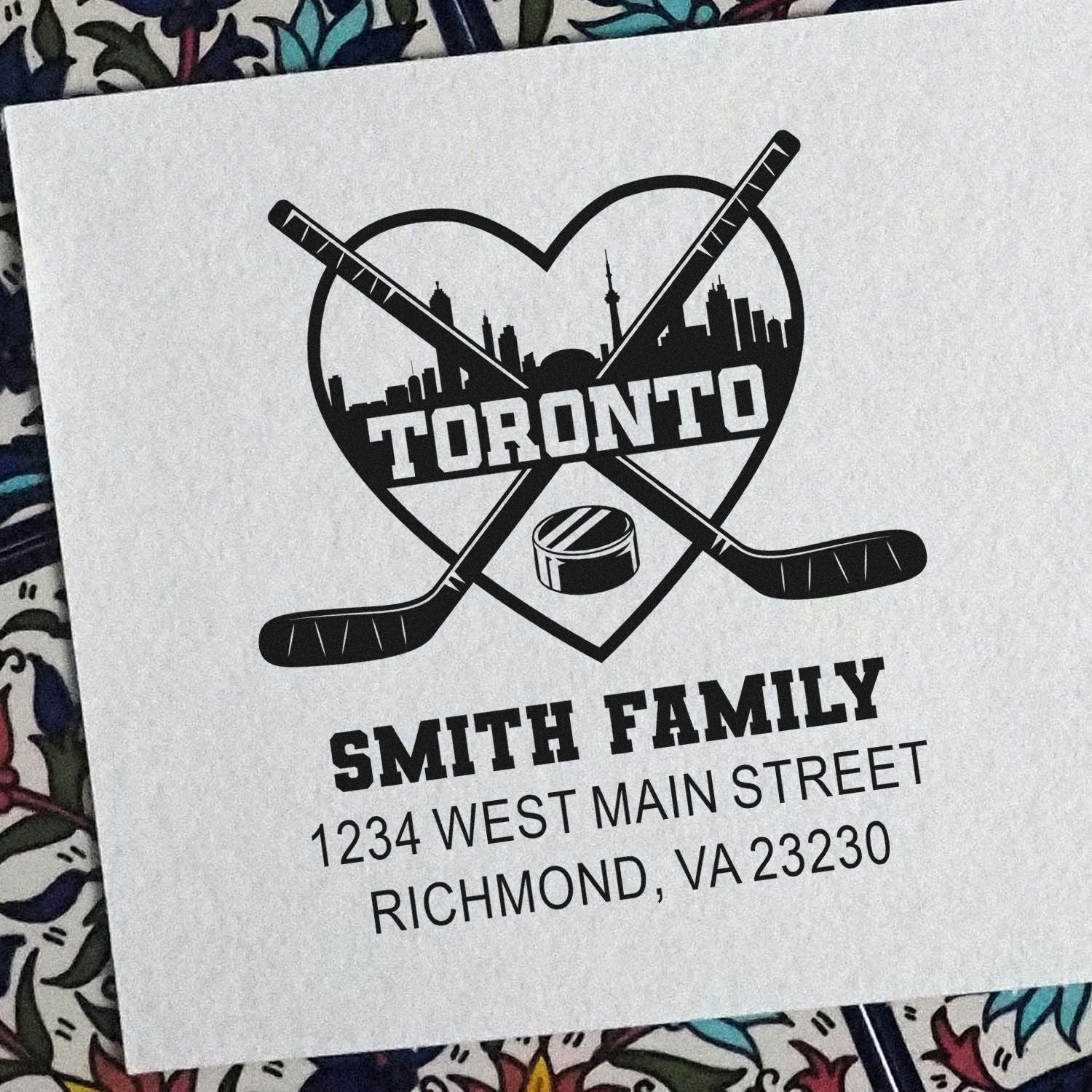Personalized Toronto hockey return address rubber stamp for Smith Family with heart, crossed sticks, and skyline.