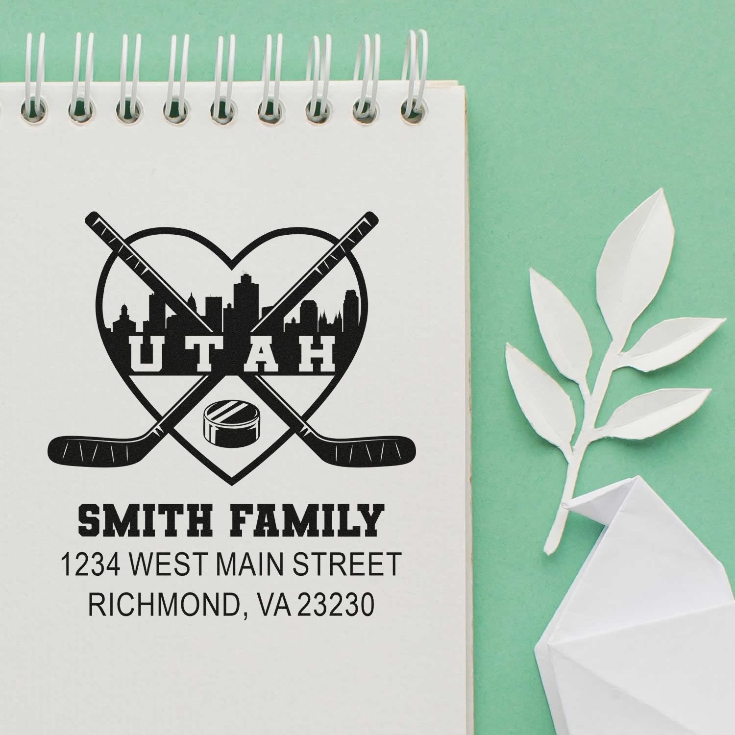 Custom hockey family return address rubber stamp with Utah skyline, Smith family name, and Richmond, VA address.