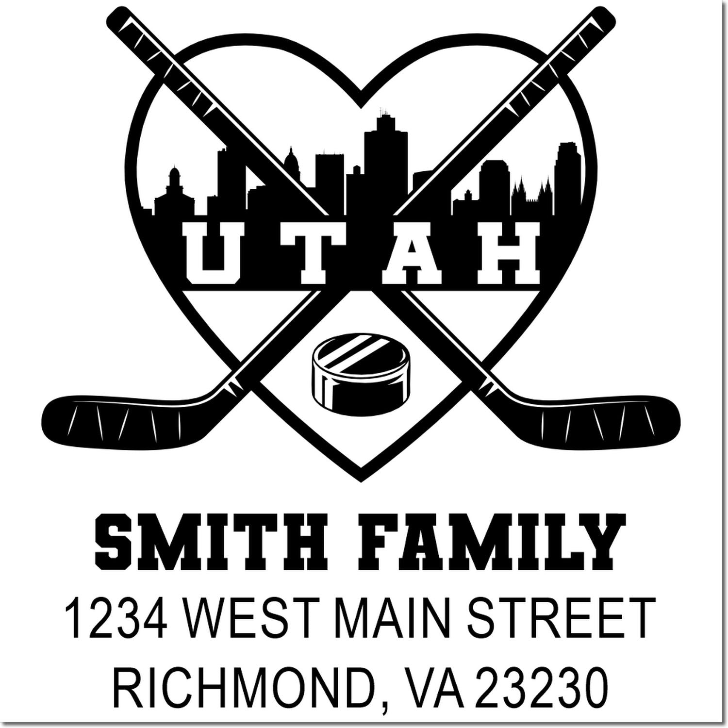 Custom rubber stamp return address for Smith Family, featuring a Utah hockey design with crossed sticks and puck.