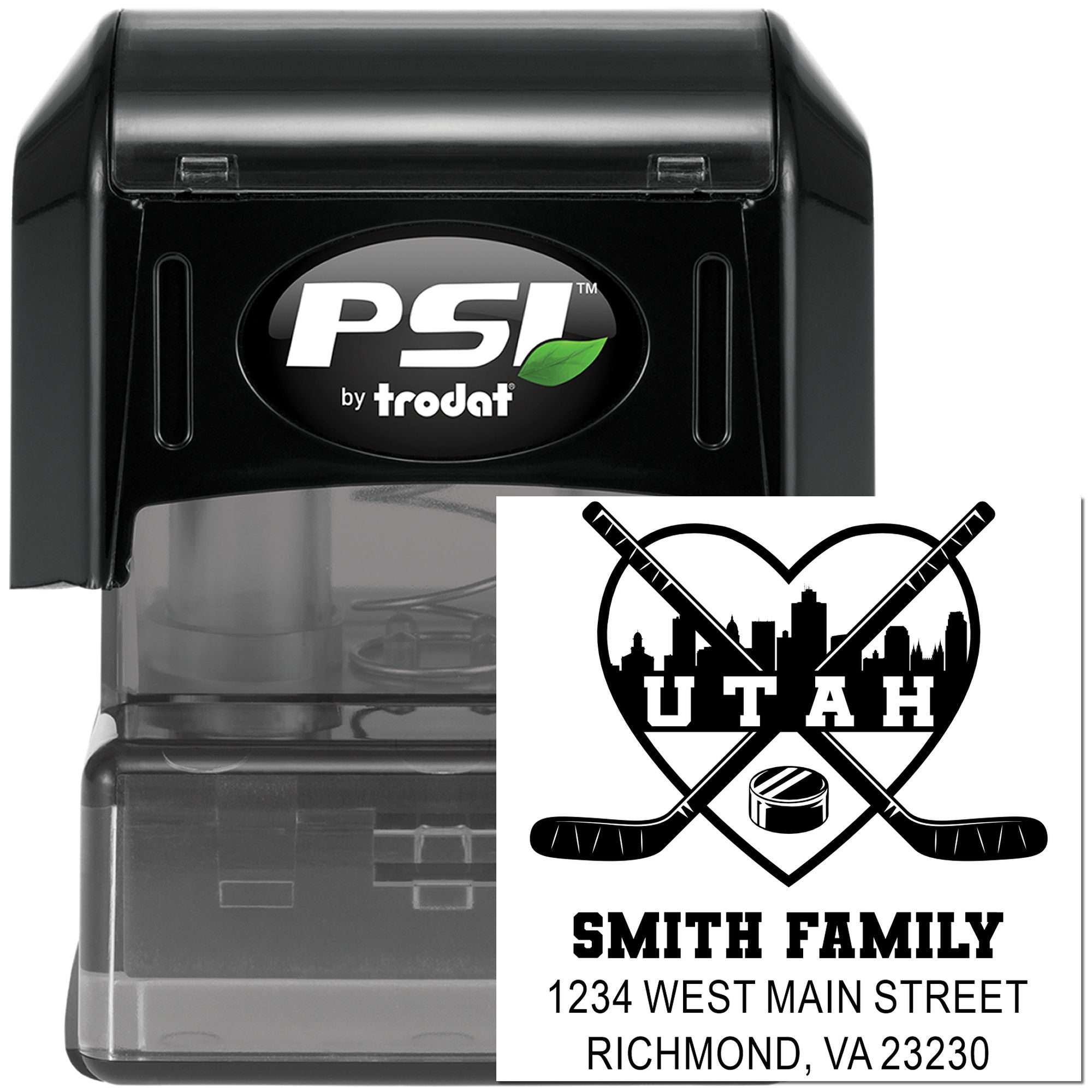 Personalized self-inking hockey family return address rubber stamp with Smith Family, Richmond VA, and crossed sticks.