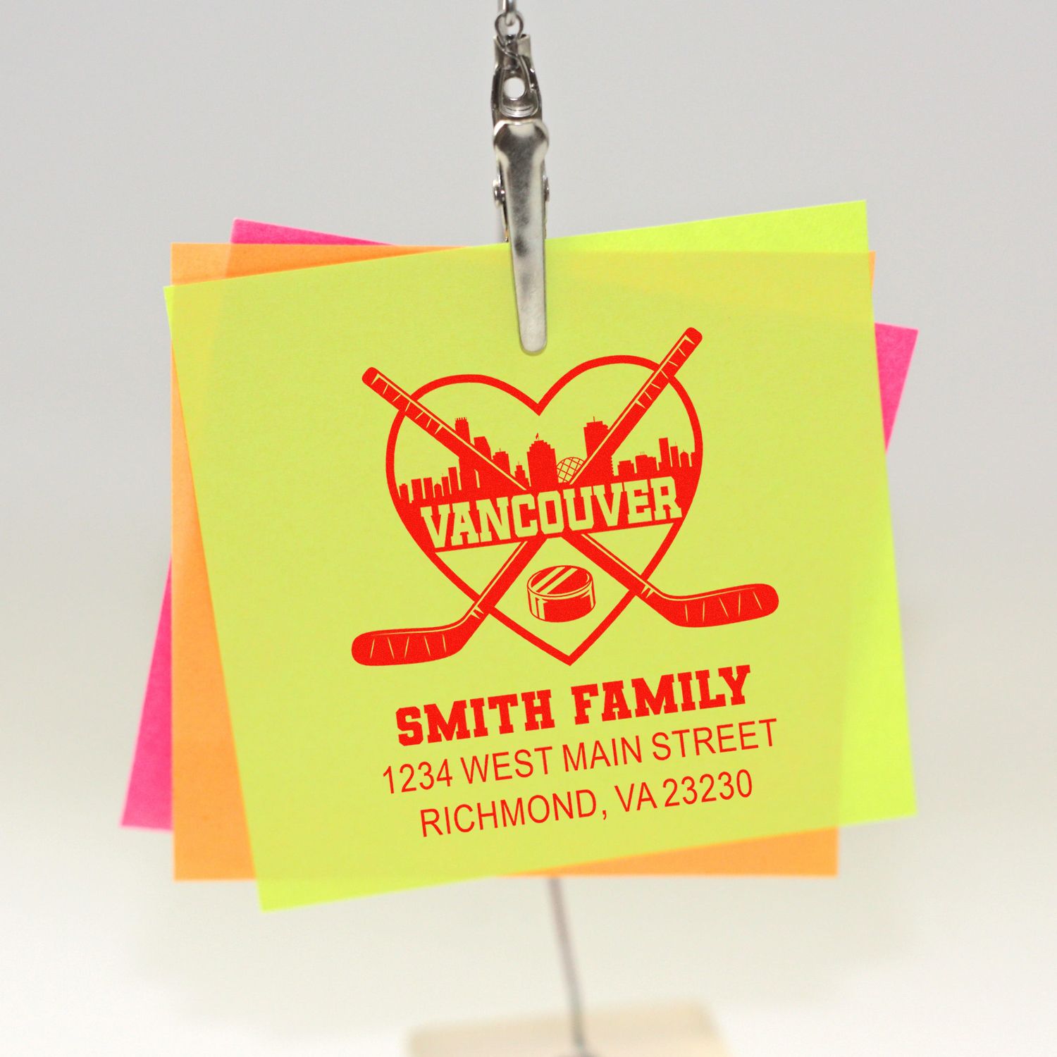 Custom hockey address rubber stamp with Vancouver heart logo, Smith family name, and Richmond, VA return address.