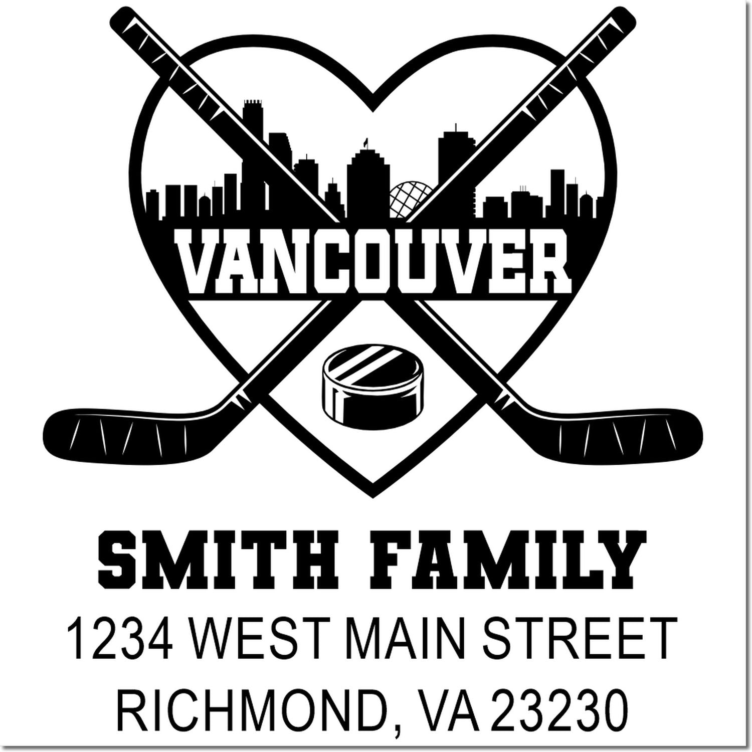 Custom hockey return address rubber stamp with Vancouver skyline, Smith Family, and Richmond, VA address.