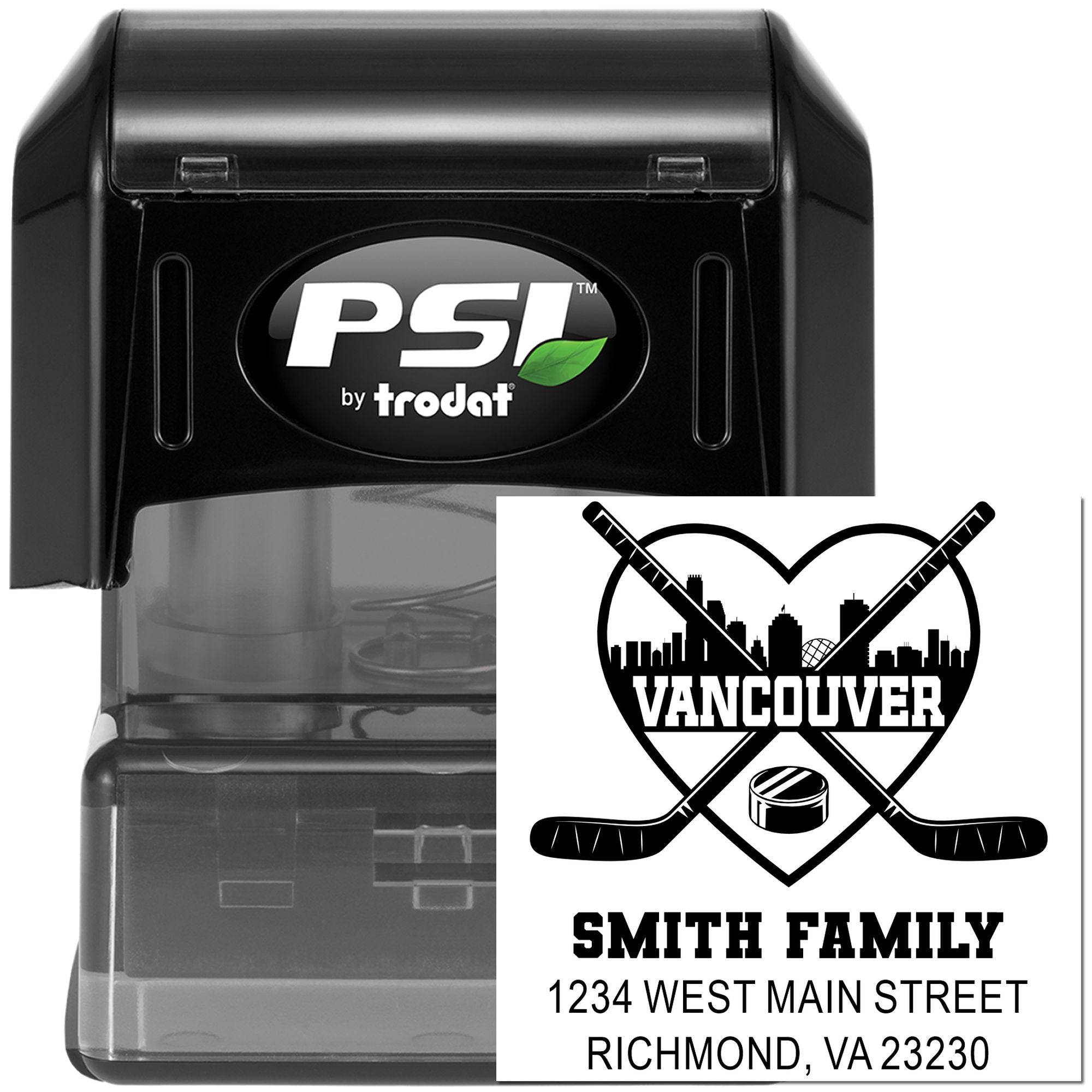 Custom self-inking rubber stamp by PSI Trodat with hockey graphic, family name, and address for personalized mail.