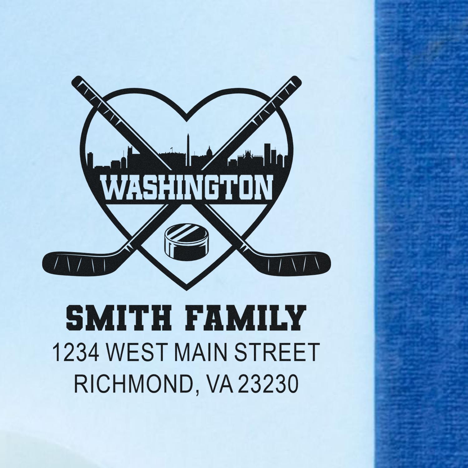 Custom hockey family address rubber stamp with Washington skyline, crossed sticks, Smith Family name, and Richmond, VA address.