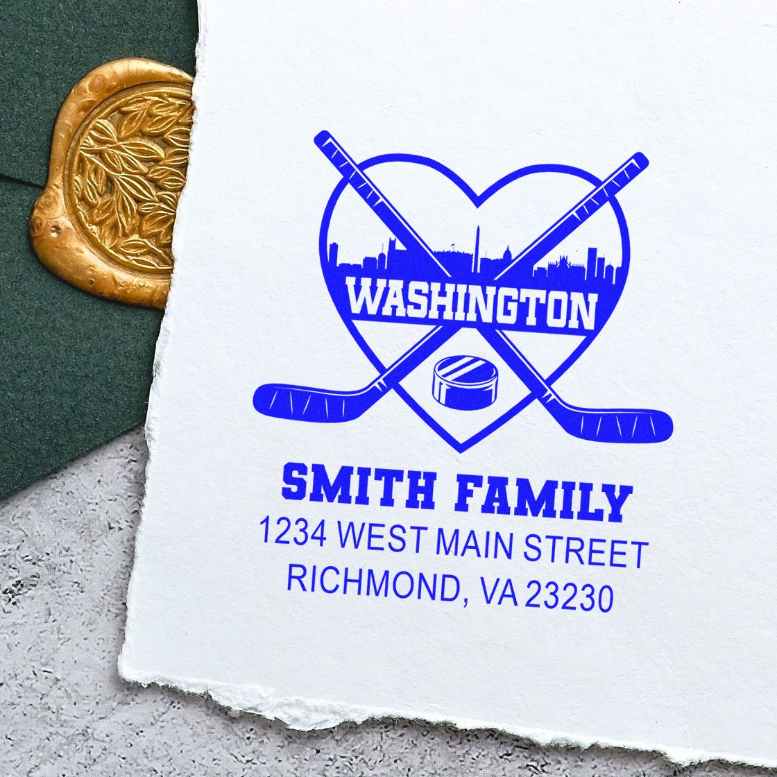 Custom family address rubber stamp with Washington hockey logo, Smith Family return address, Richmond, VA 23230.