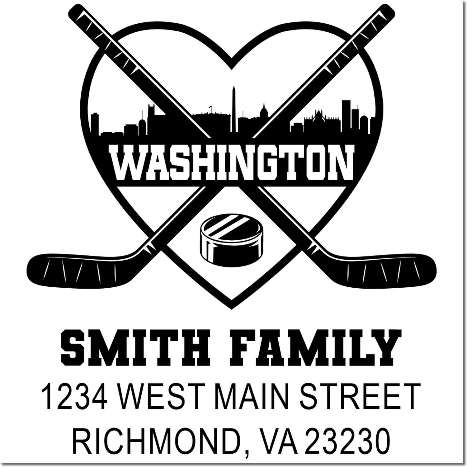 Custom hockey family return address rubber stamp with crossed sticks, Washington skyline, Smith Family, Richmond VA.