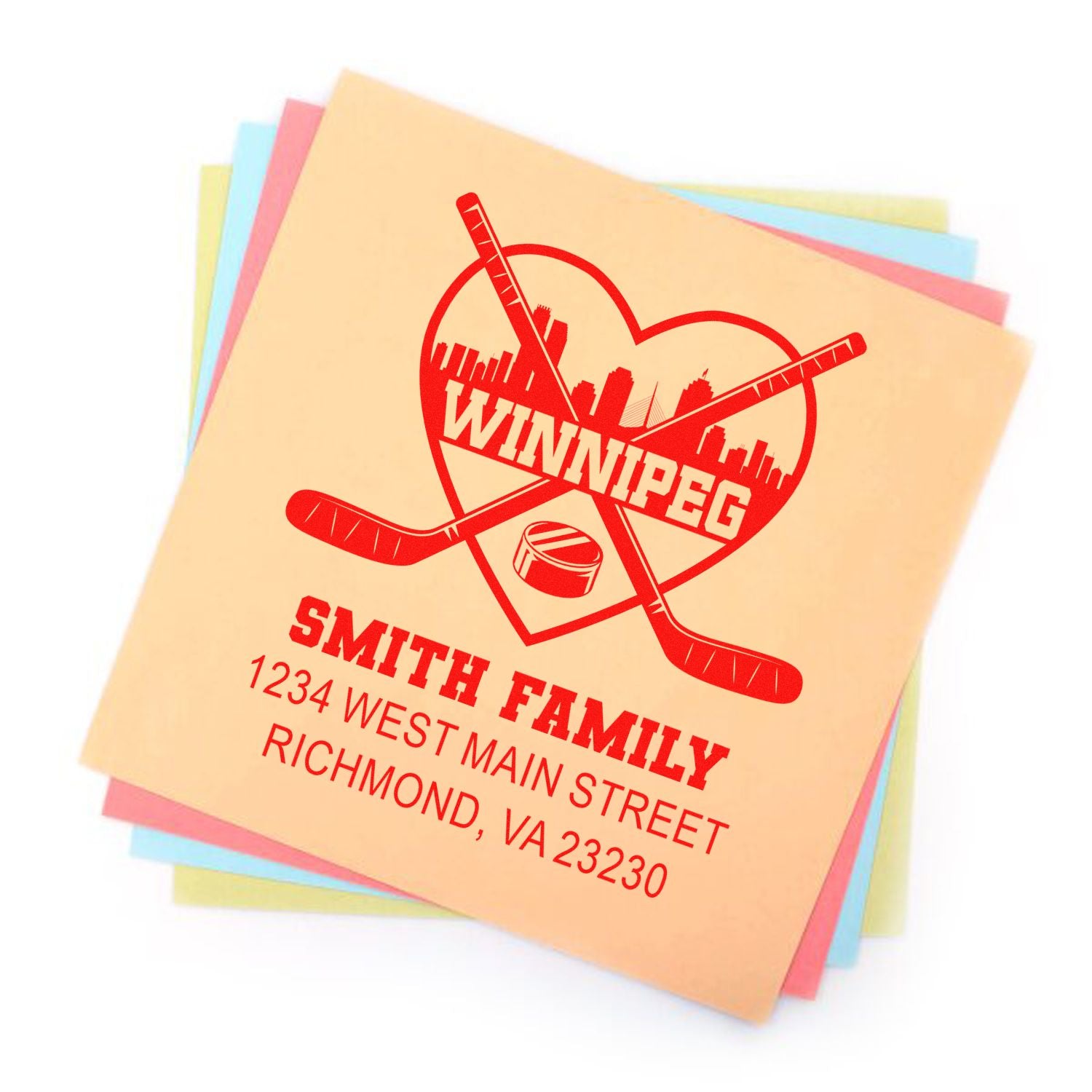 Personalized Winnipeg Smith family hockey rubber stamp for return address and stationery on stacked pastel cards