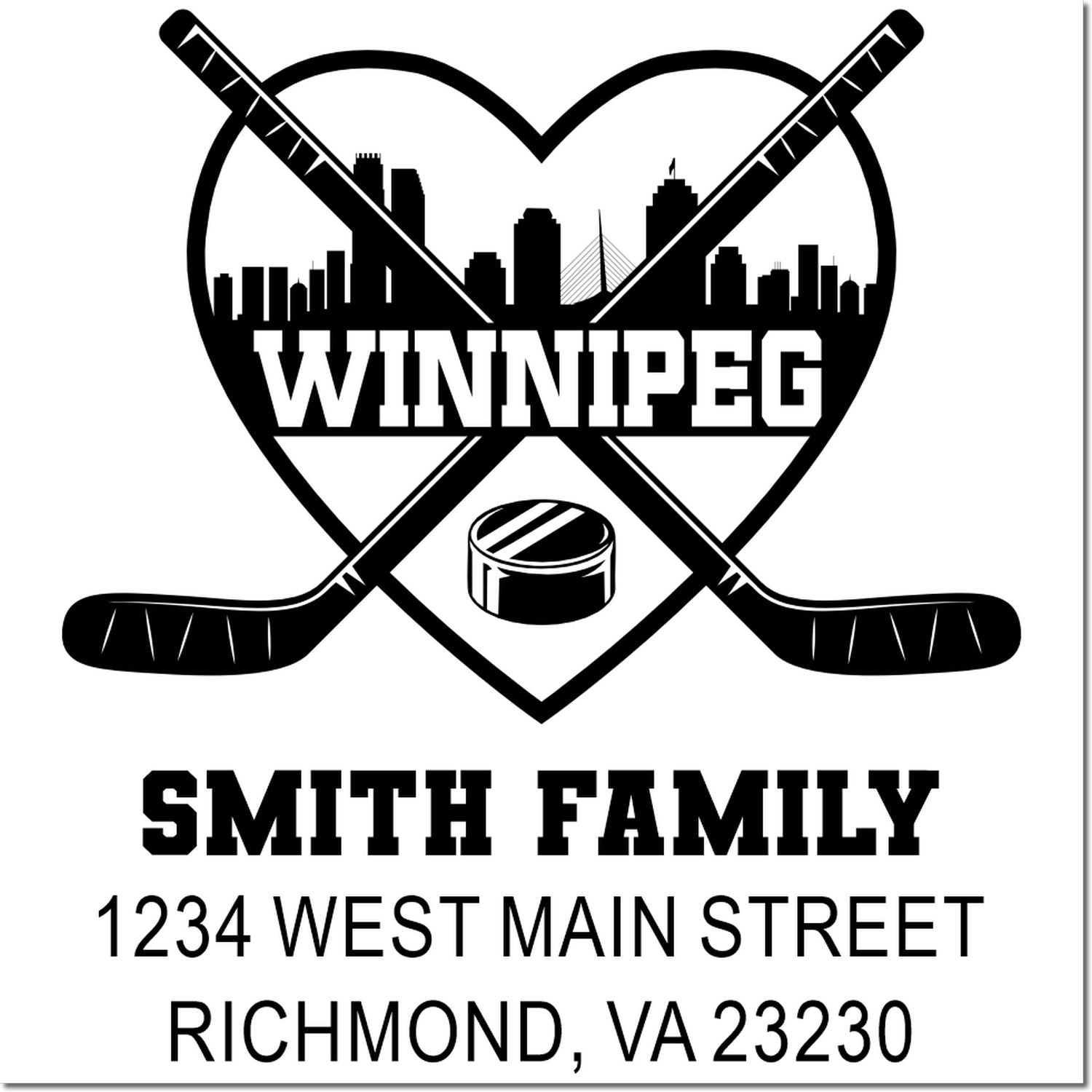 Personalized hockey family address rubber stamp with Winnipeg skyline, Smith Family, and Richmond, VA 23230 return address.