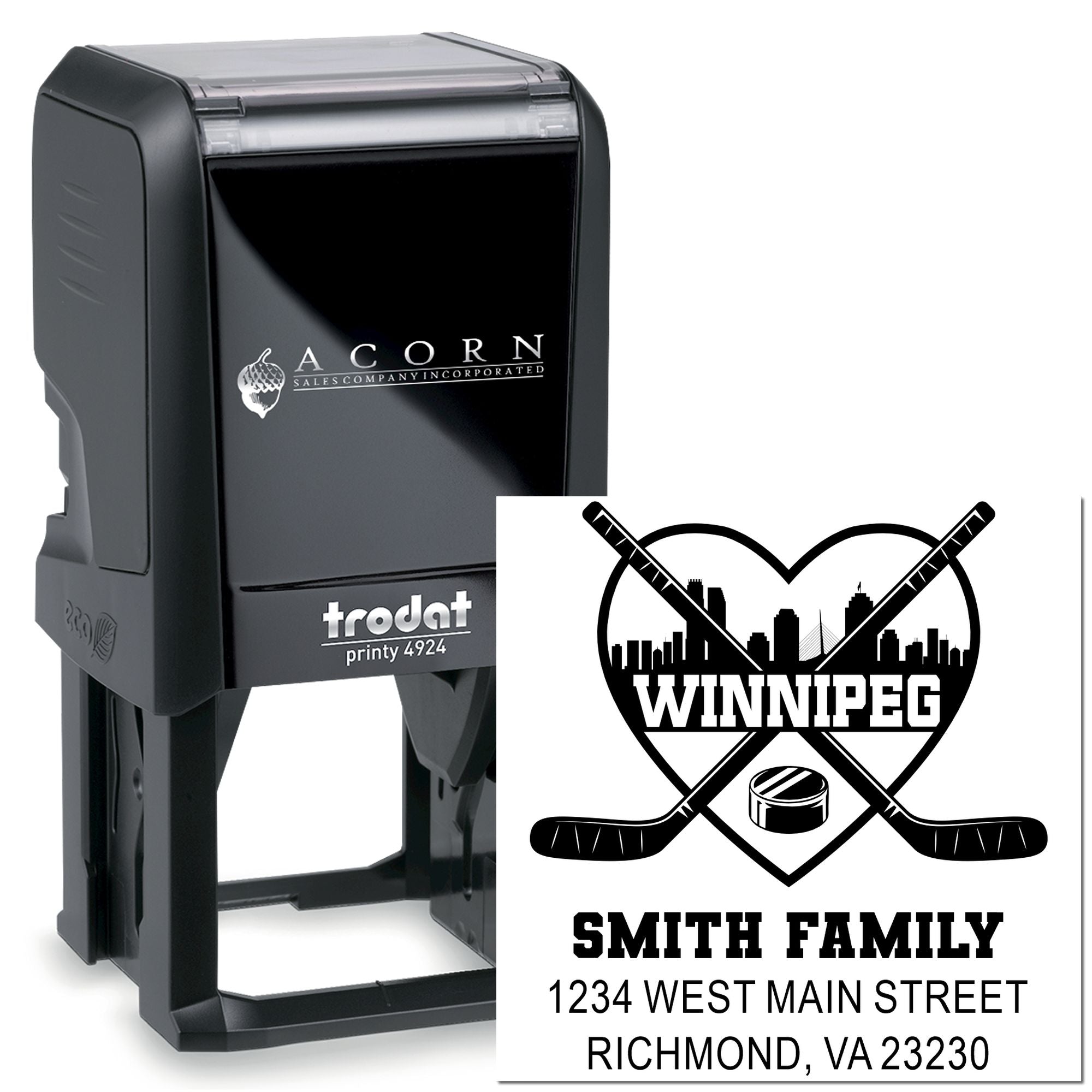 Custom self-inking rubber stamp with hockey design, family name, and address on Trodat Printy 4924 stamp.