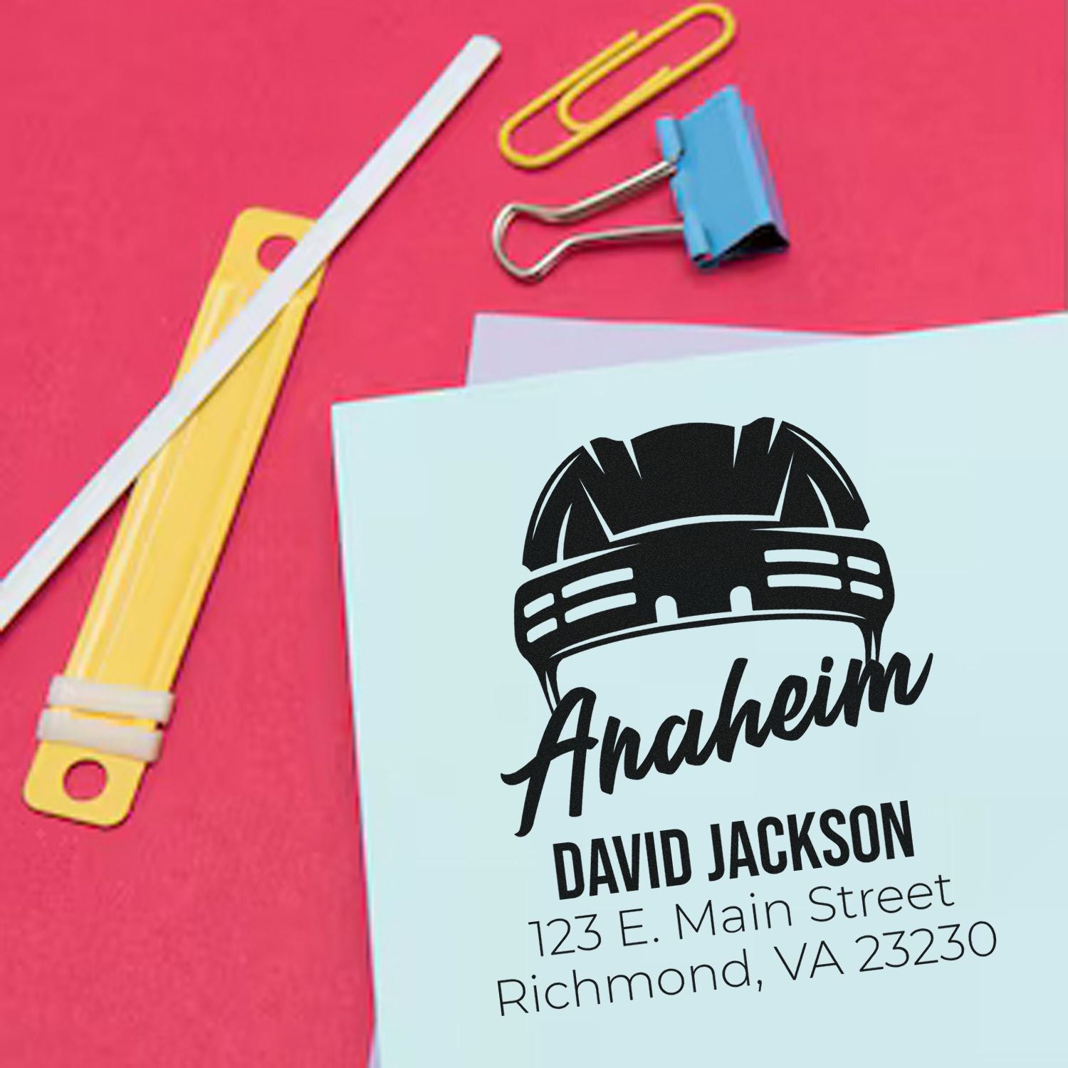 Custom return address rubber stamp design for Anaheim David Jackson with Richmond, VA mailing address.