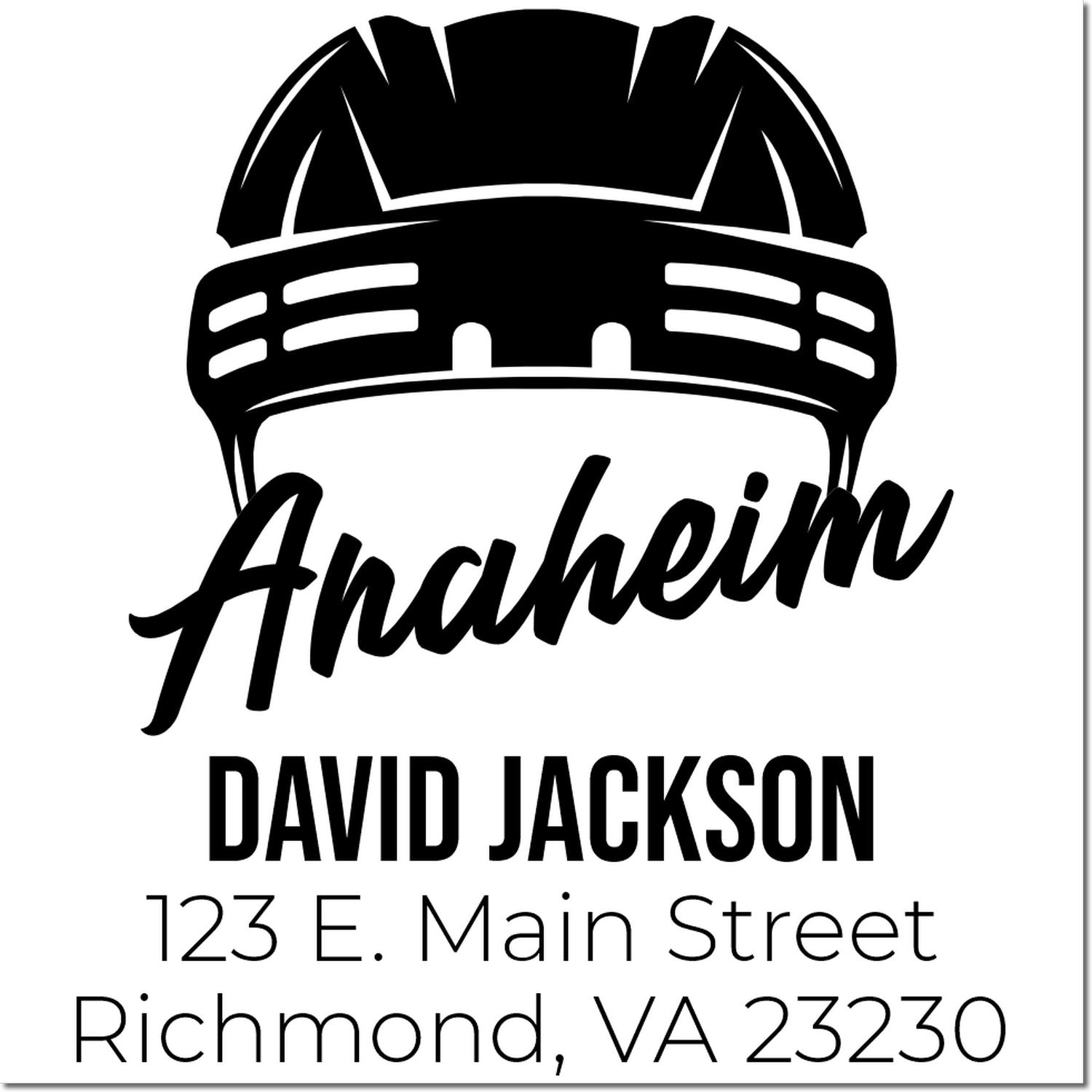 Custom rubber stamp with hard hat logo, Anaheim, David Jackson, and Richmond, VA address for 123 E. Main Street.