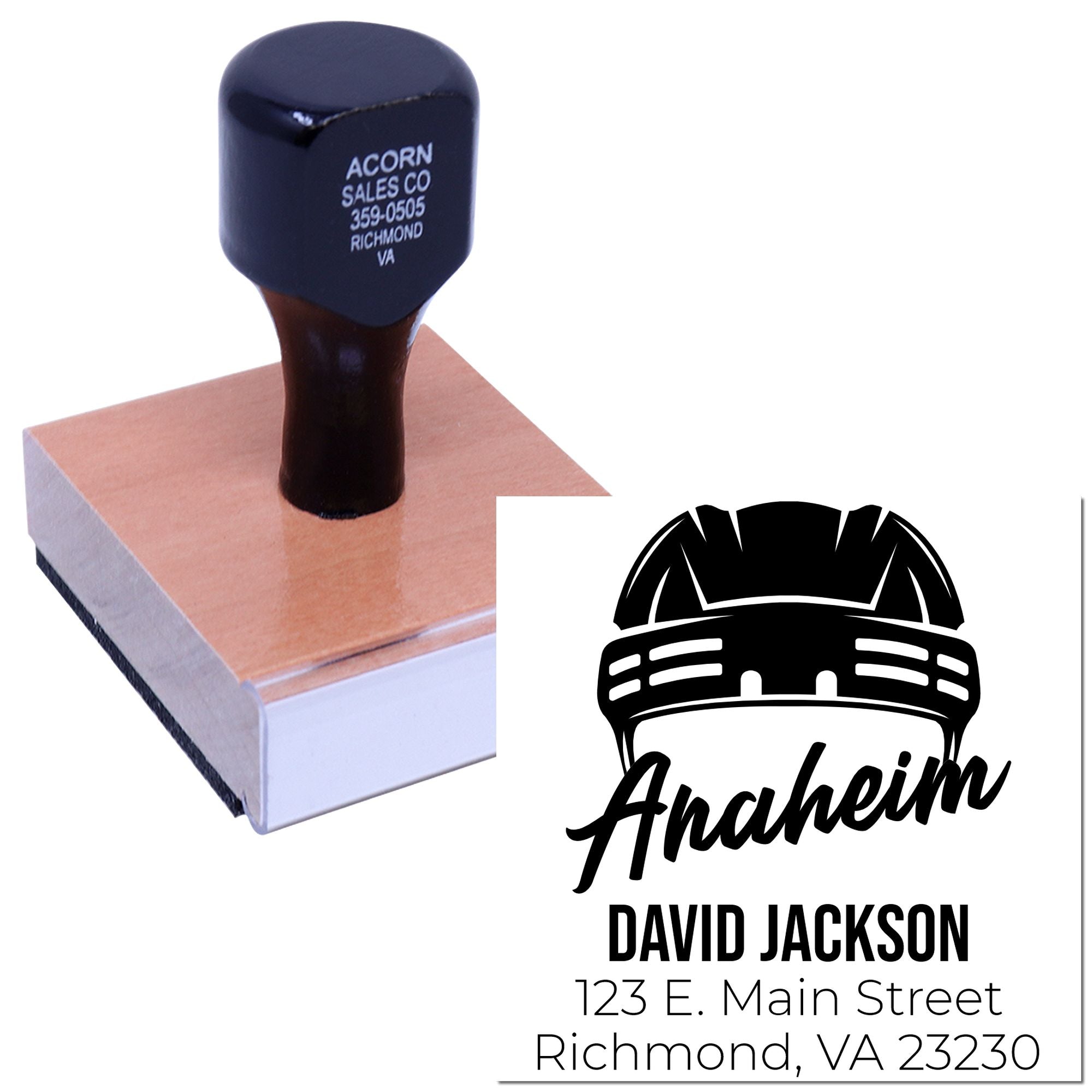 Custom rubber stamp with hard hat logo, David Jackson name, and address for business branding and return mailing.