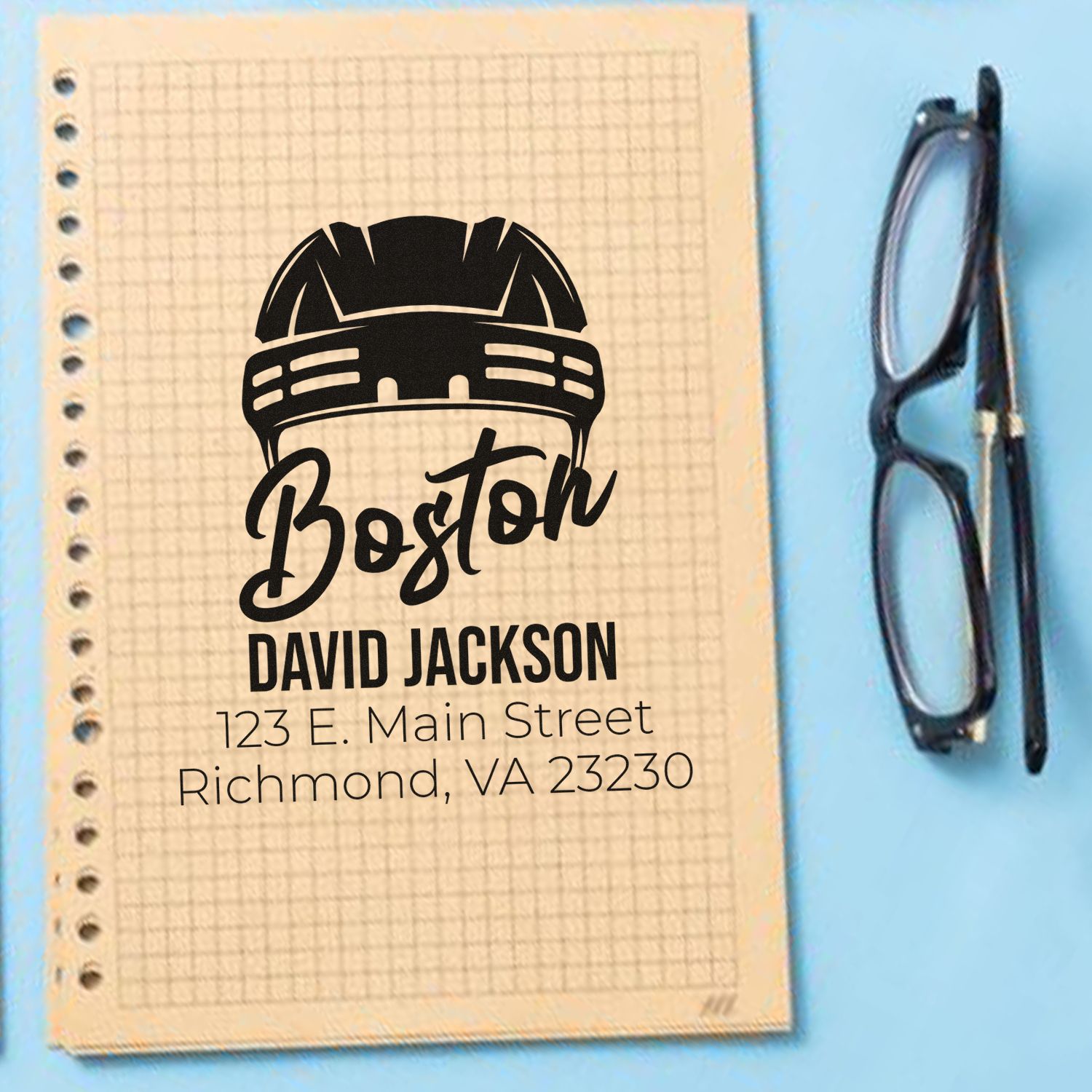 Custom firefighter helmet return address rubber stamp for David Jackson, Boston, Richmond, VA 23230.