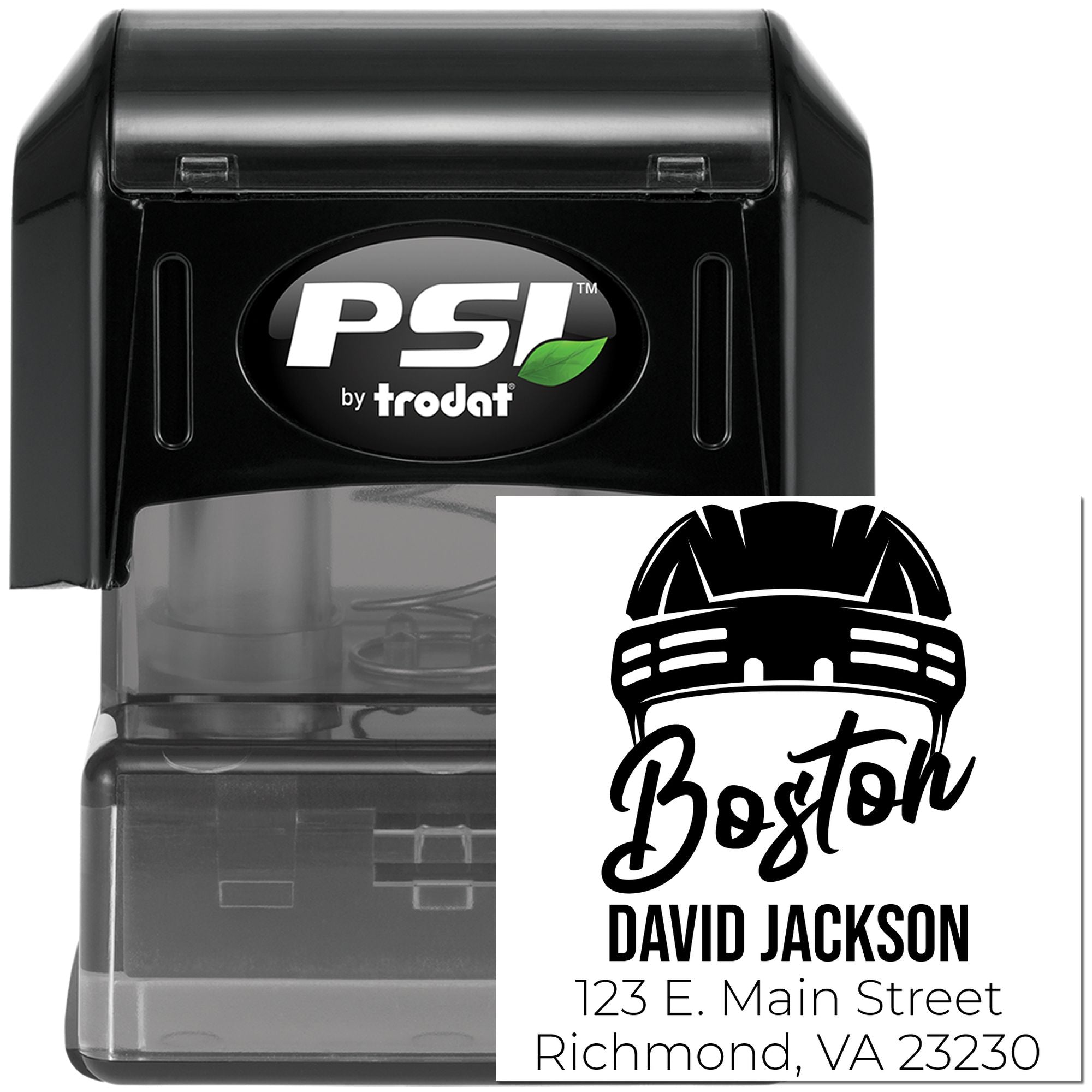 PSI by Trodat self-inking rubber stamp with custom Boston hard-hat address design