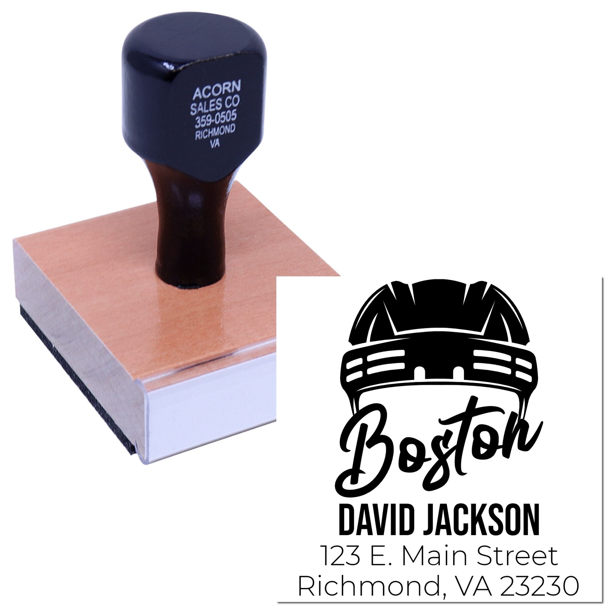 Custom self-inking rubber stamp with Boston logo and address for personalized business branding.