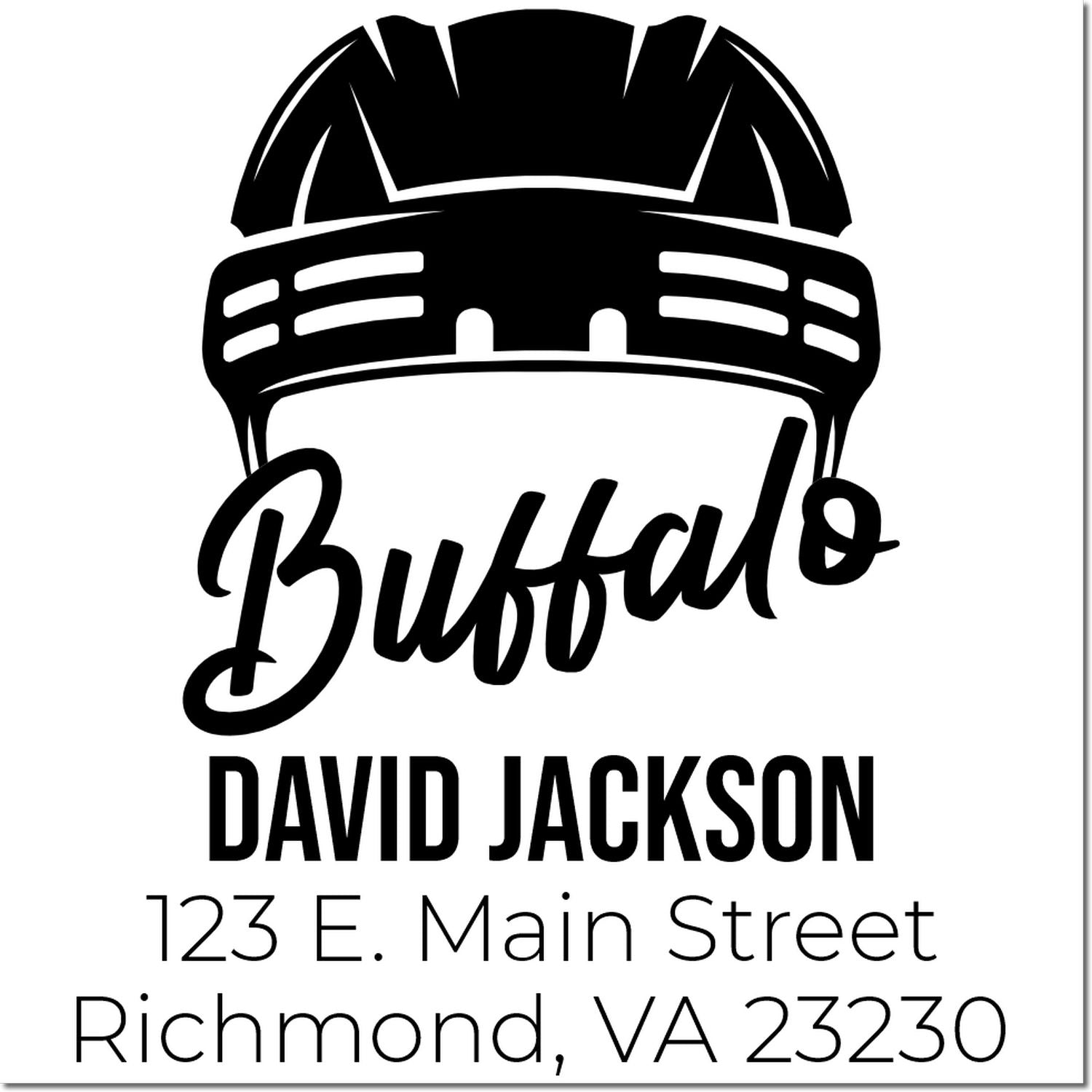 Custom Buffalo football helmet return address rubber stamp for David Jackson, Richmond, VA 23230.