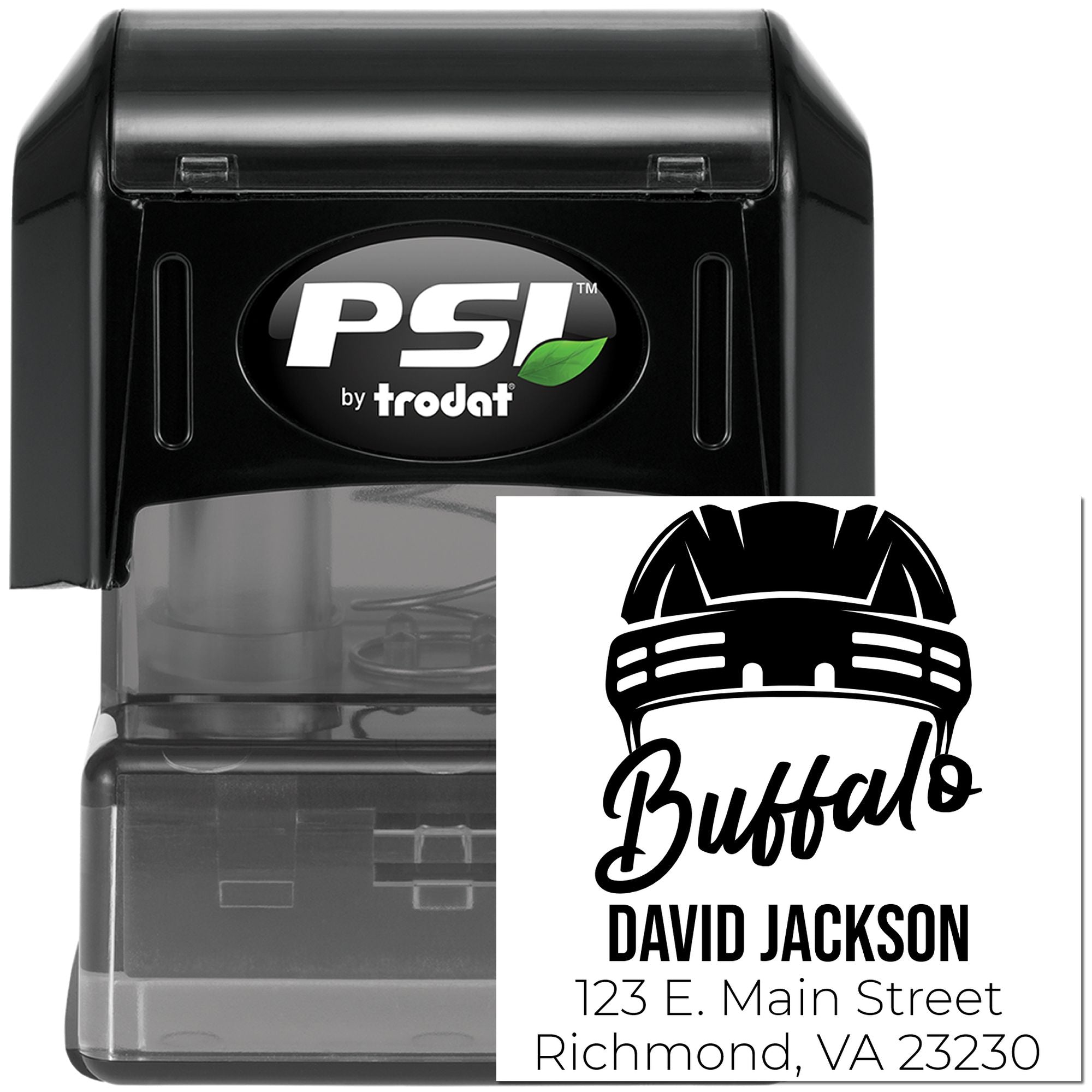 PSI by Trodat self-inking custom rubber stamp with Buffalo logo, name, and address imprint for business mailings