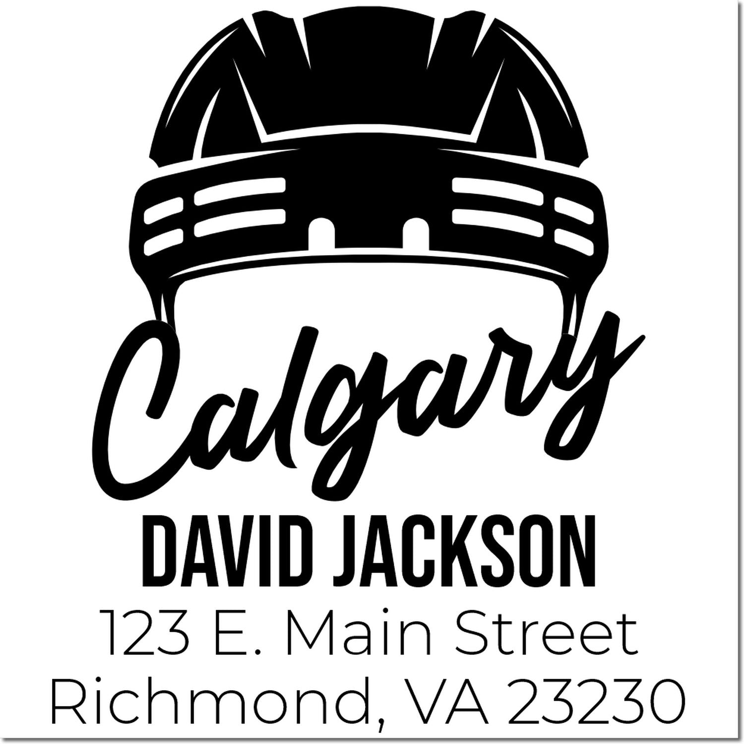 Custom rubber address stamp for David Jackson, Richmond VA 23230, with Calgary hard hat logo.