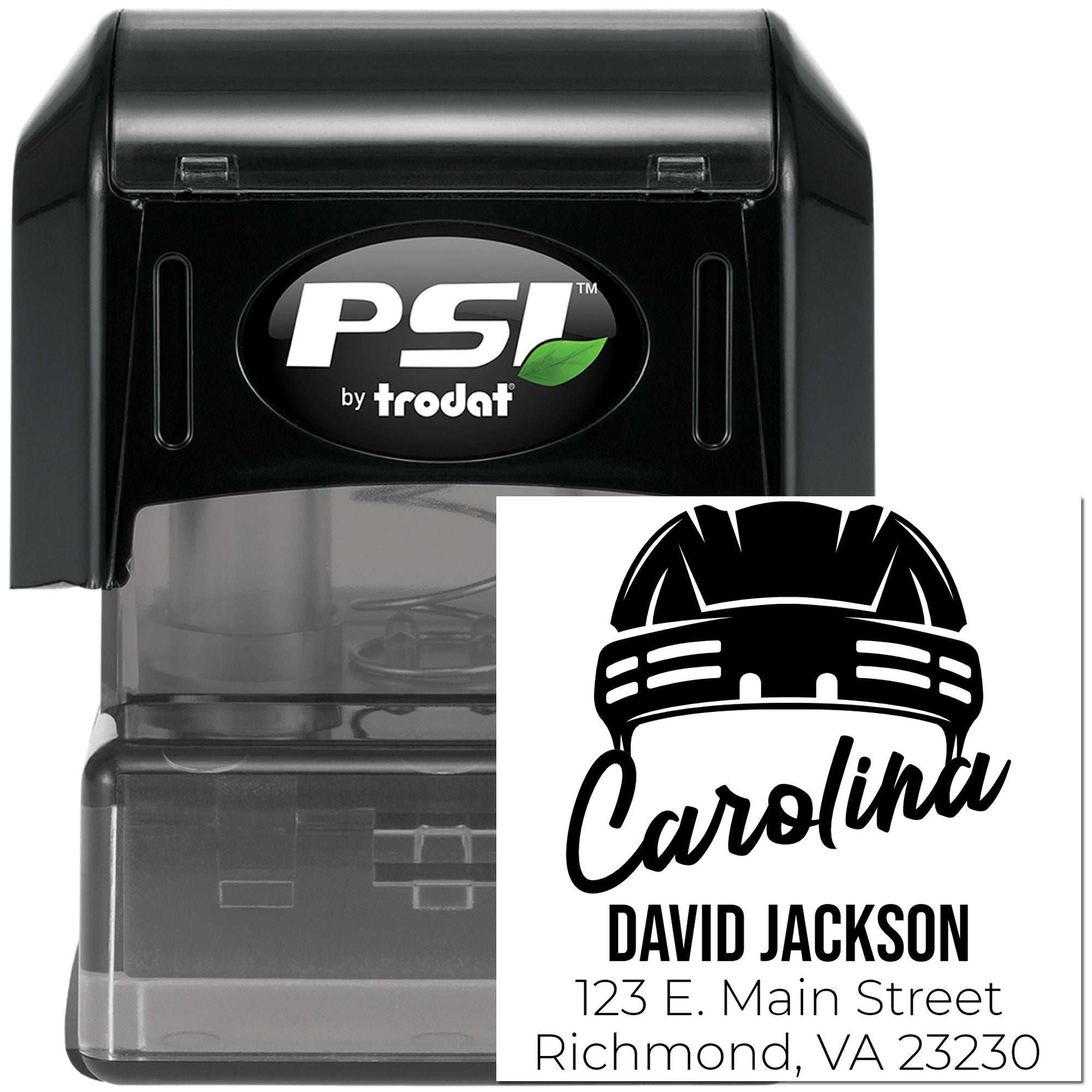 Custom self-inking address rubber stamp with Carolina logo, David Jackson name, and return mailing info.