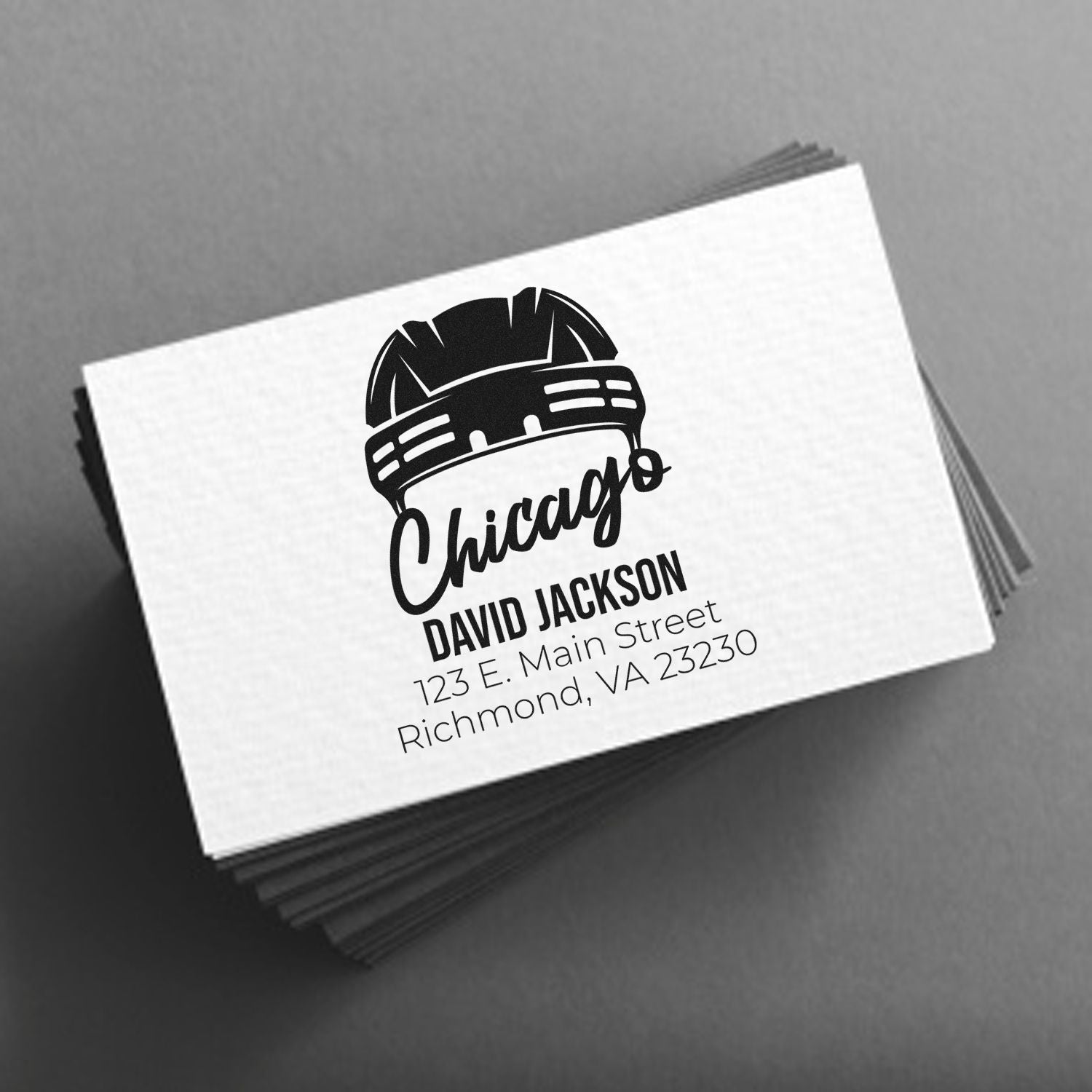 Custom Chicago return address rubber stamp with David Jackson and Richmond, VA address on stacked cards.