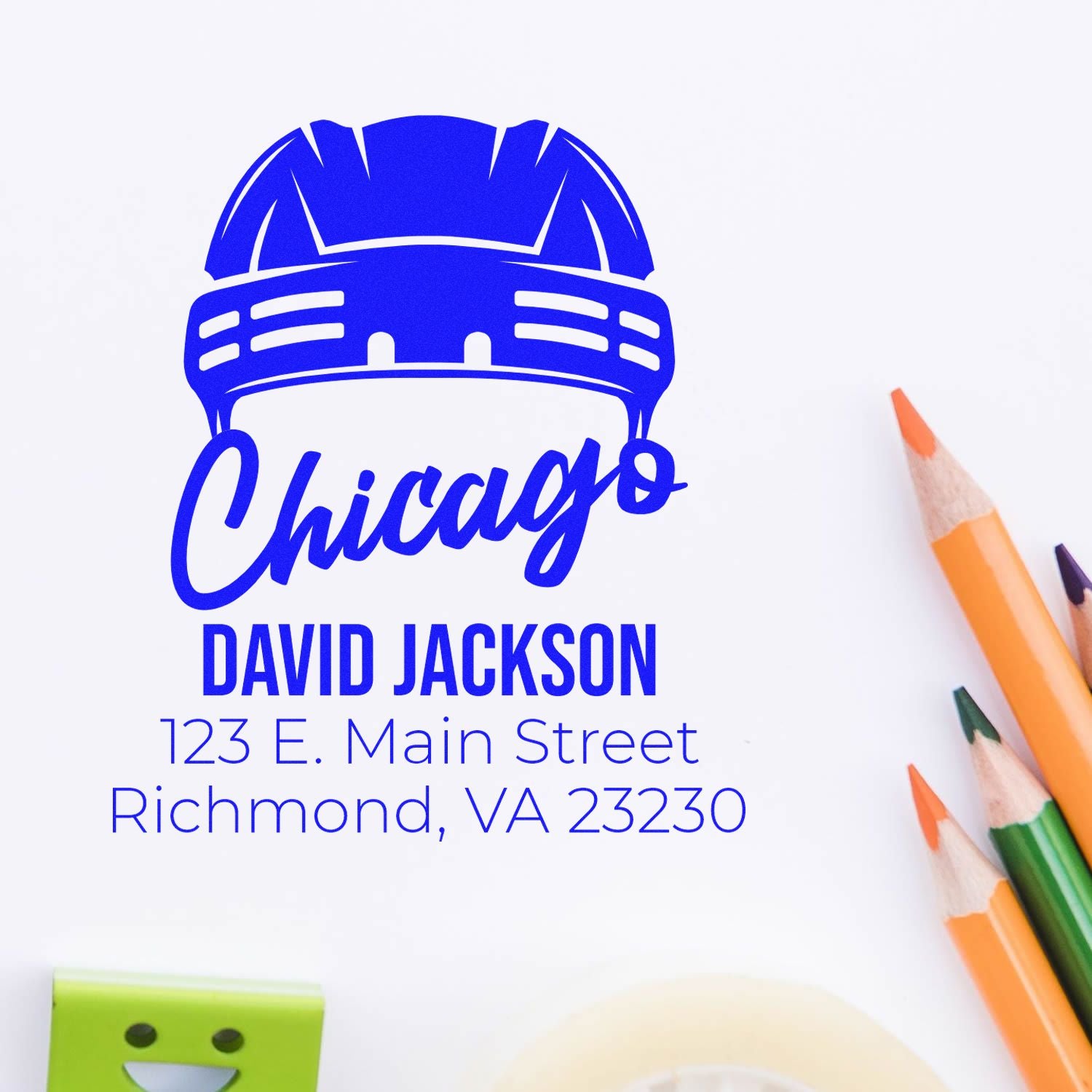 Custom Chicago rubber stamp with hard hat logo, David Jackson name, and address for business or personal use.